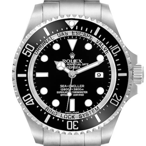 This image shows a front view of the Rolex Sea-Dweller watch, highlighting its dial, bezel, and part of its bracelet.