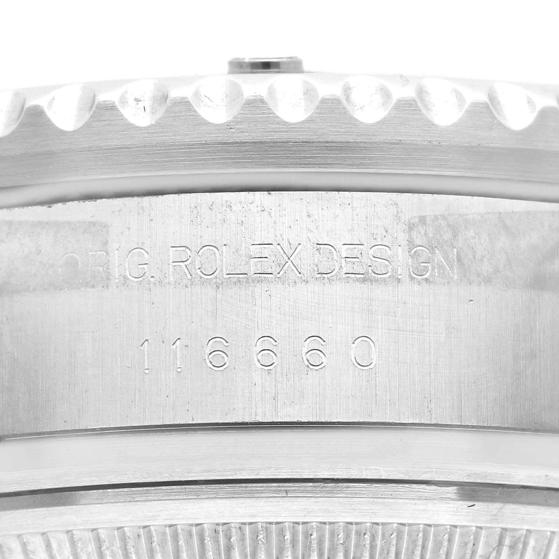 This image shows a close-up of the side of a Rolex Sea-Dweller 116660 Men
s Stainless Steel Black Dial 116660 Men
s Stainless Steel Black Dial, highlighting the engraving "Orig. Rolex Design 116660."
