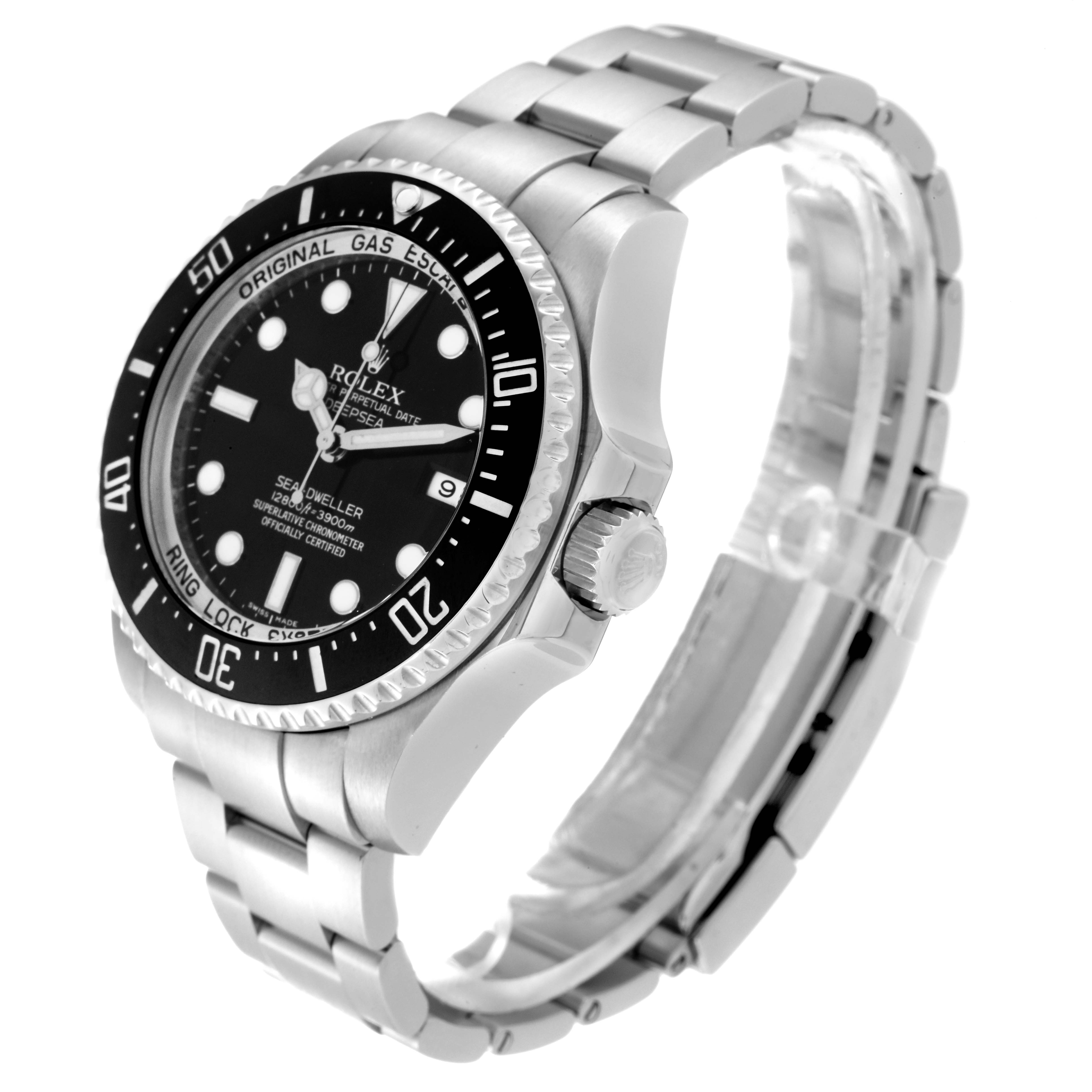 The Rolex Sea-Dweller 116660 Men
s Stainless Steel Black Dial 116660 Men
s Stainless Steel Black Dial watch is shown from a three-quarter angle, highlighting the face, bezel, crown, and bracelet.