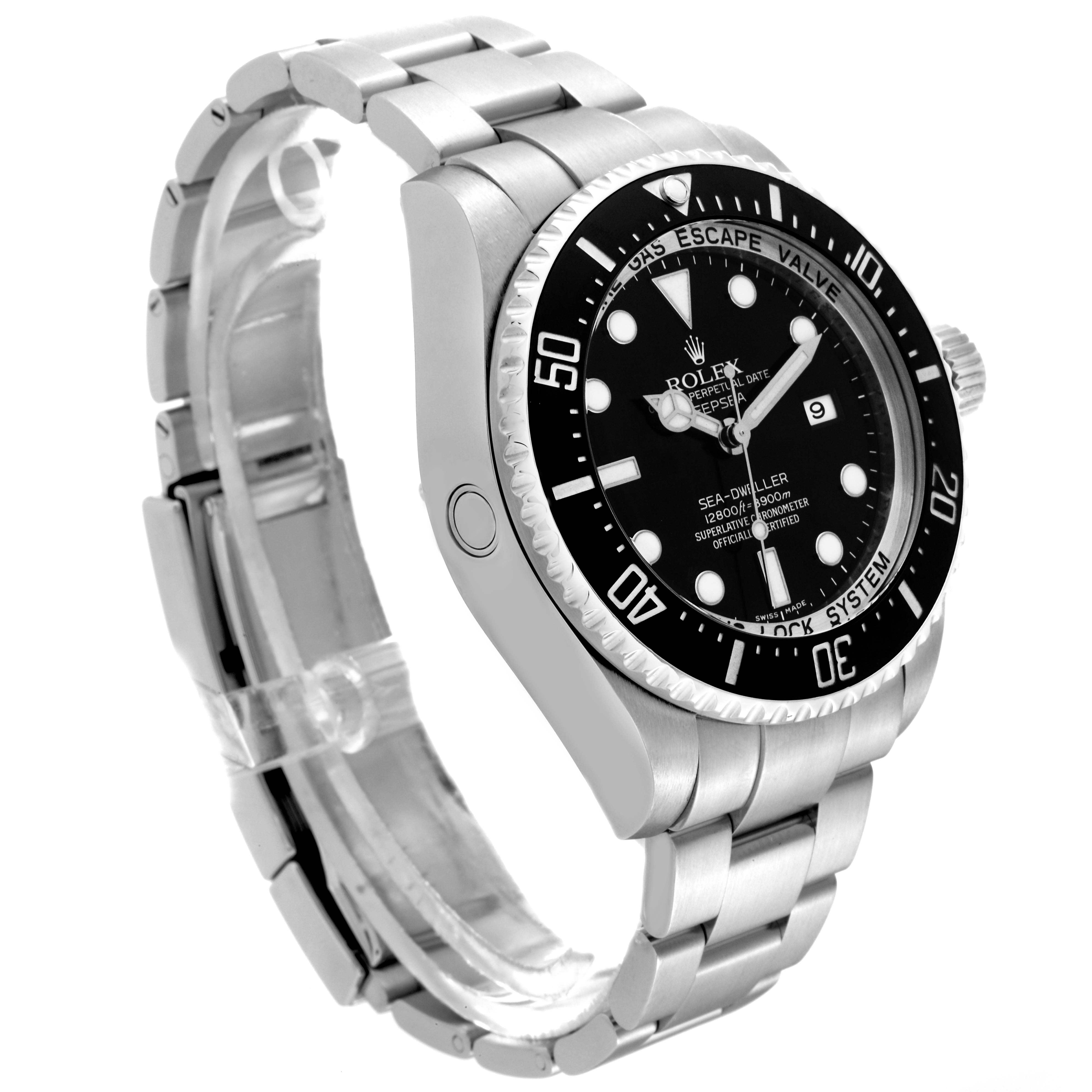The image shows a side-angle view of the Rolex Sea-Dweller 116660 Men
s Stainless Steel Black Dial 116660 Men
s Stainless Steel Black Dial watch, highlighting the face, bezel, and metallic strap.