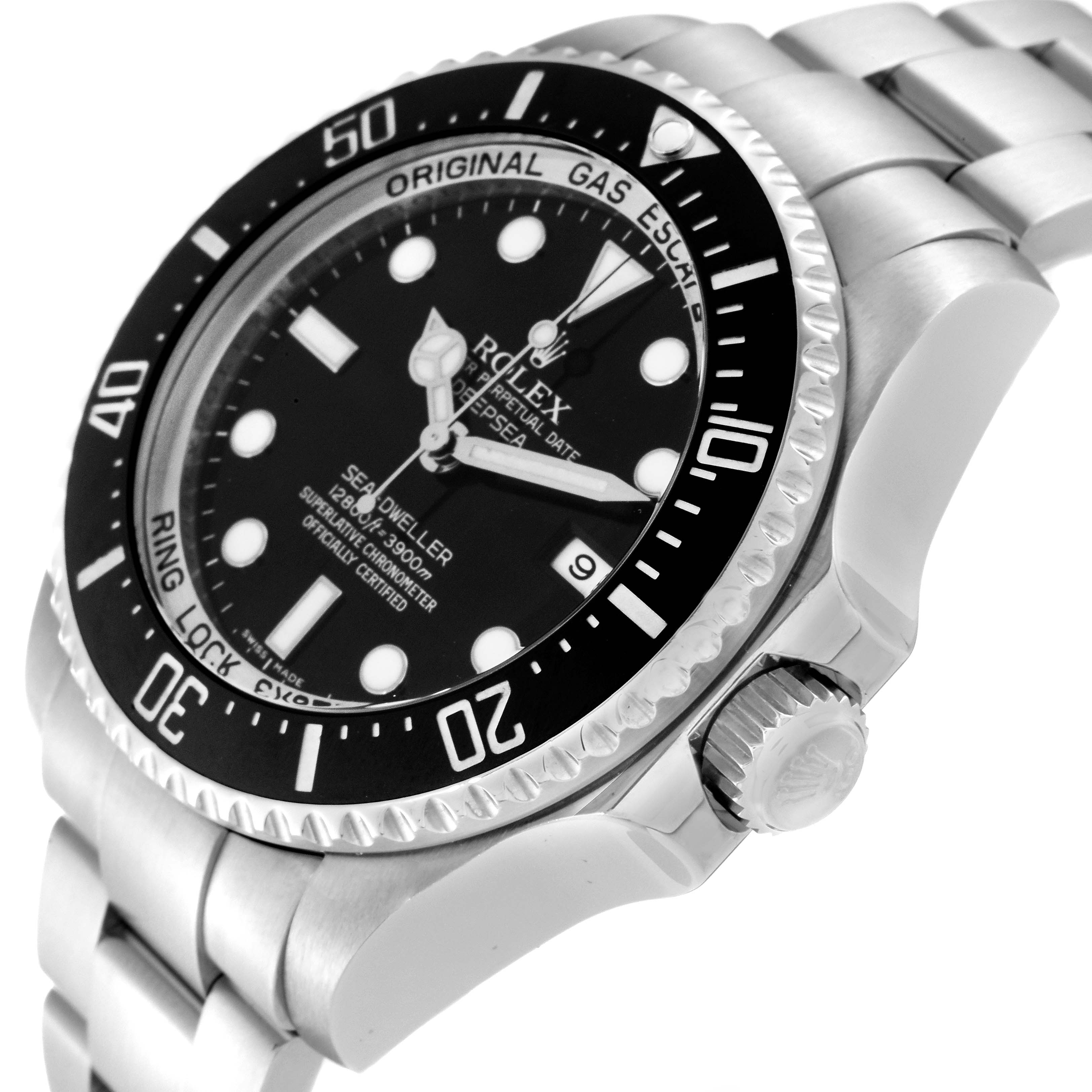 The image shows a side-angle view of the Rolex Sea-Dweller 116660 Men
s Stainless Steel Black Dial 116660 Men
s Stainless Steel Black Dial watch, highlighting the bezel, dial, crown, and bracelet.