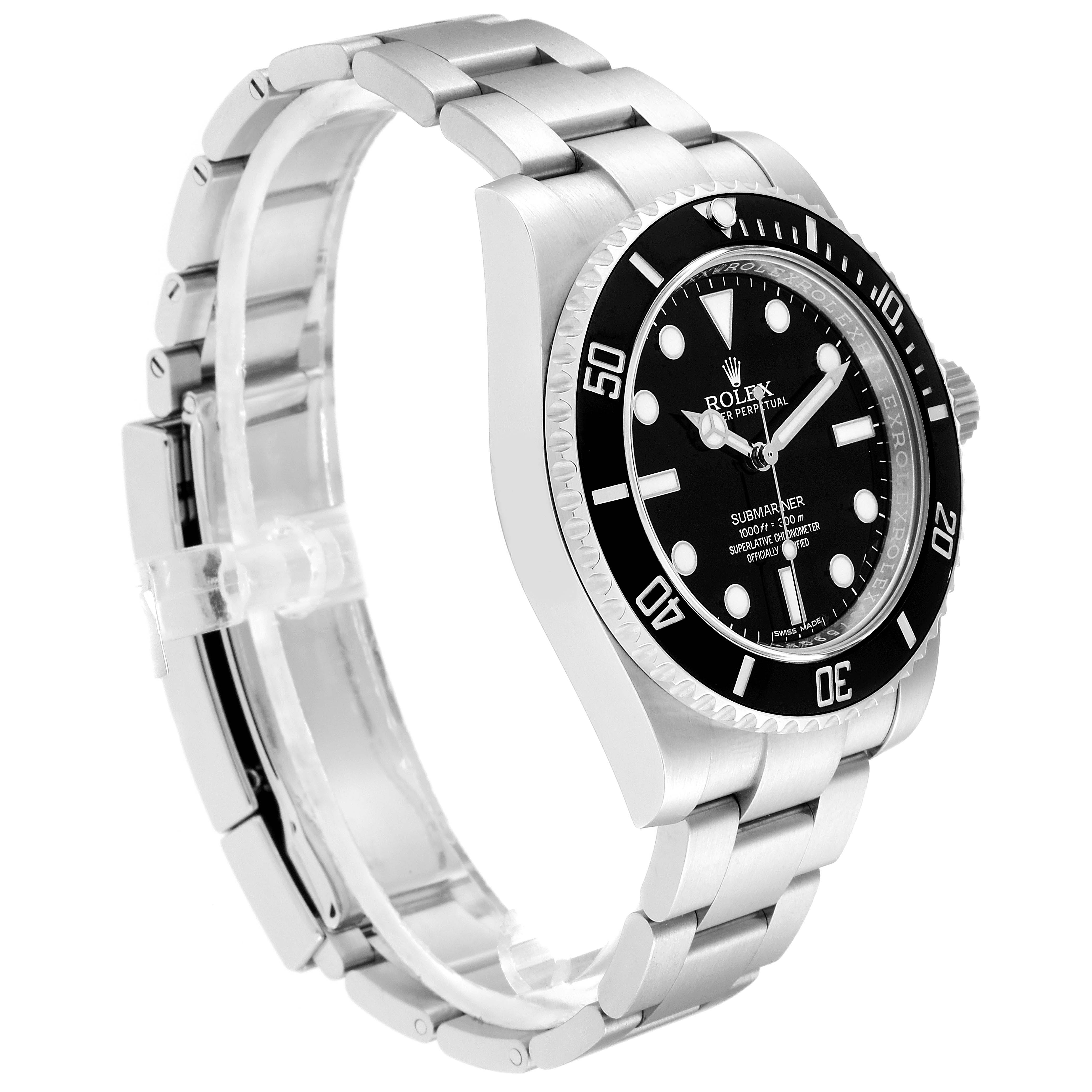 The image shows a Rolex Submariner 114060 Men
s Stainless Steel Black Dial 114060 Men
s Stainless Steel Black Dial watch from a front-left angle, displaying the case, bezel, bracelet, and dial.