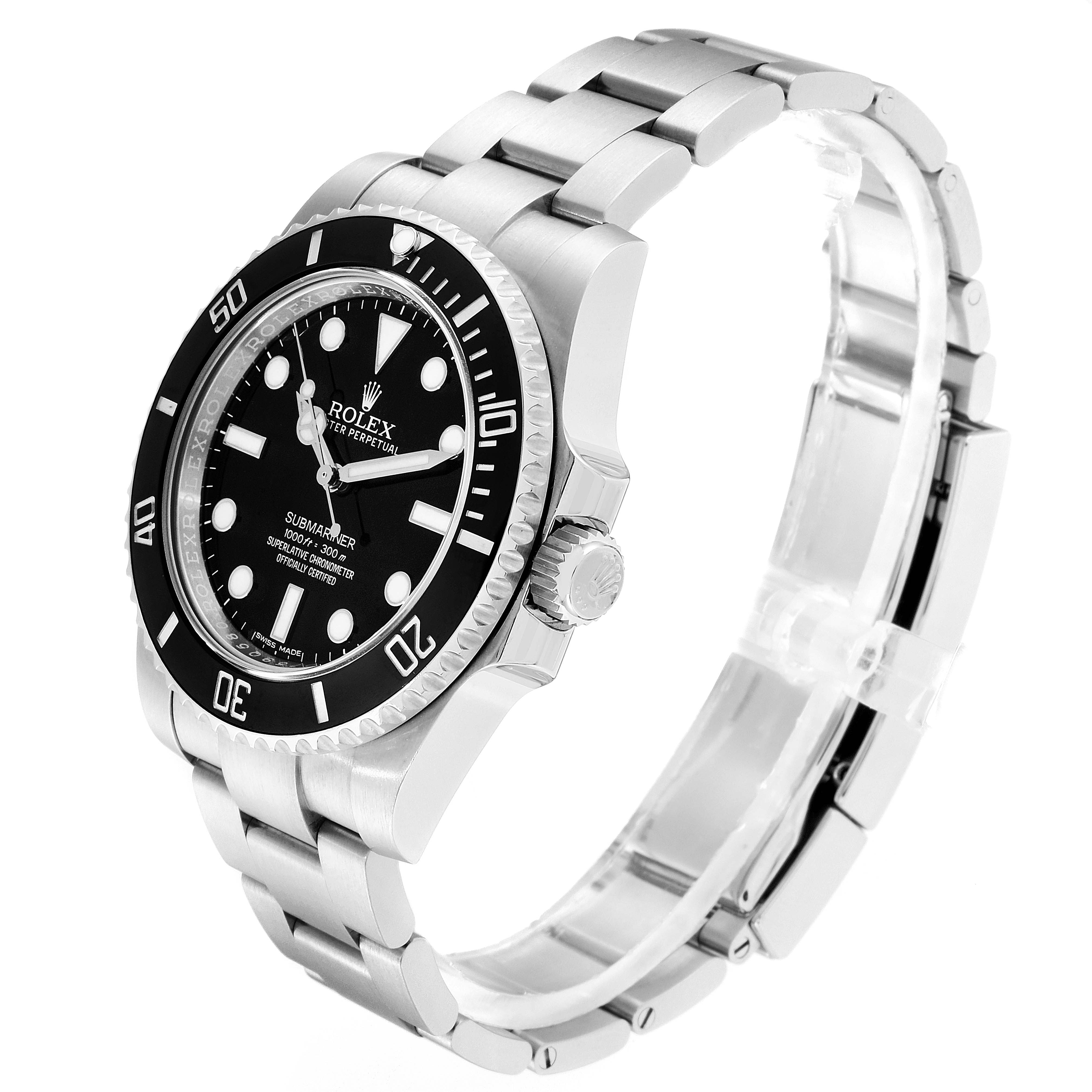 The Rolex Submariner 114060 Men
s Stainless Steel Black Dial 114060 Men
s Stainless Steel Black Dial watch is shown at a three-quarter angle, displaying the face, bezel, crown, and stainless steel bracelet.
