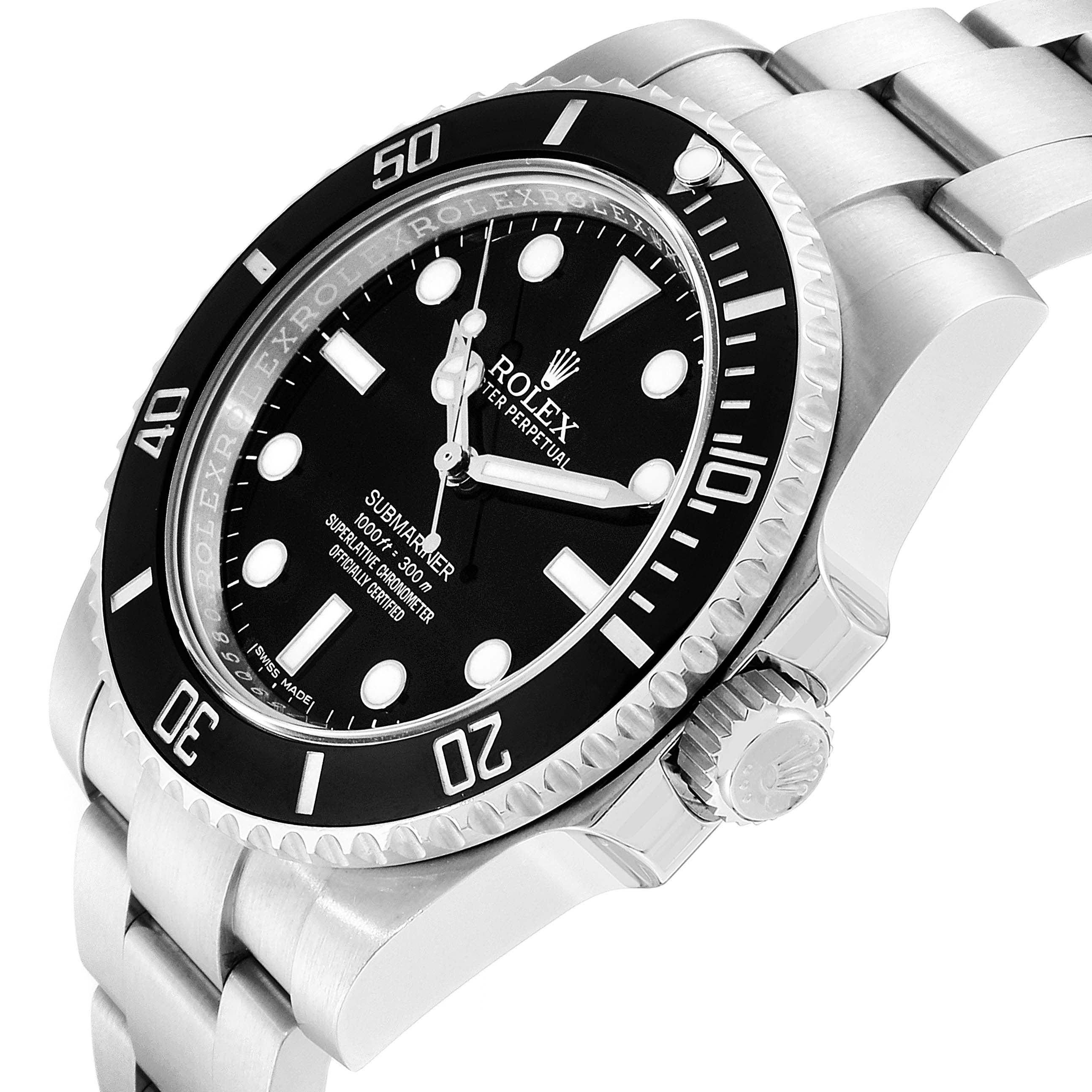 The image shows a Rolex Submariner 114060 Men
s Stainless Steel Black Dial 114060 Men
s Stainless Steel Black Dial watch at an angle, highlighting its face, bezel, and part of the metal bracelet.