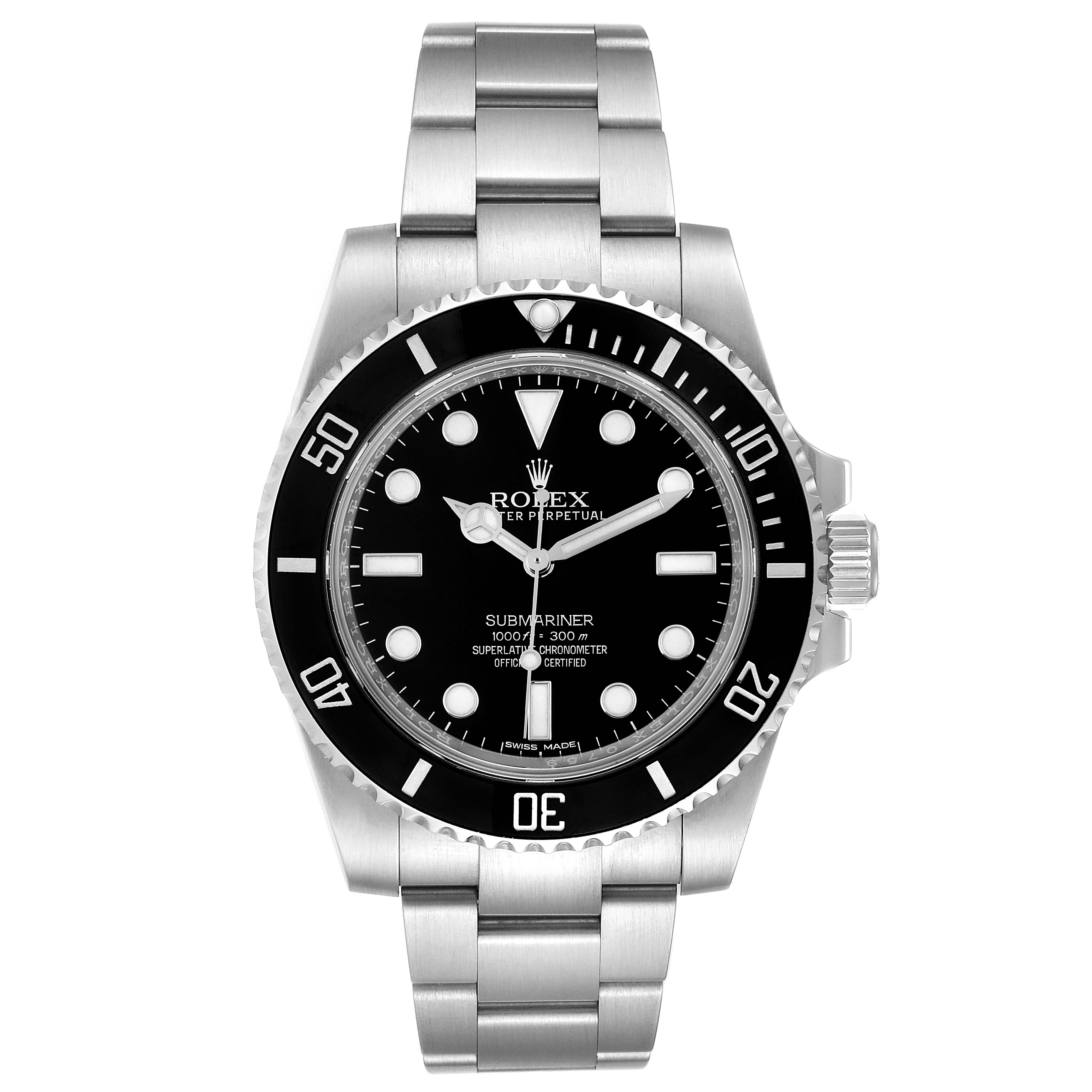 The image shows a front view of a Rolex Submariner 114060 Men
s Stainless Steel Black Dial 114060 Men
s Stainless Steel Black Dial watch, including the bezel, dial, hands, and bracelet.