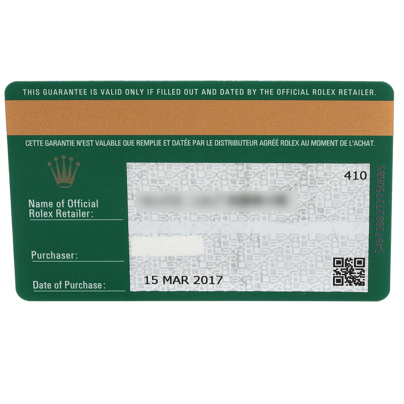 This image shows the guarantee card for the Rolex Submariner 114060 Men
s Stainless Steel Black Dial 114060 Men
s Stainless Steel Black Dial, featuring the date of purchase, retailer name, and purchaser details.