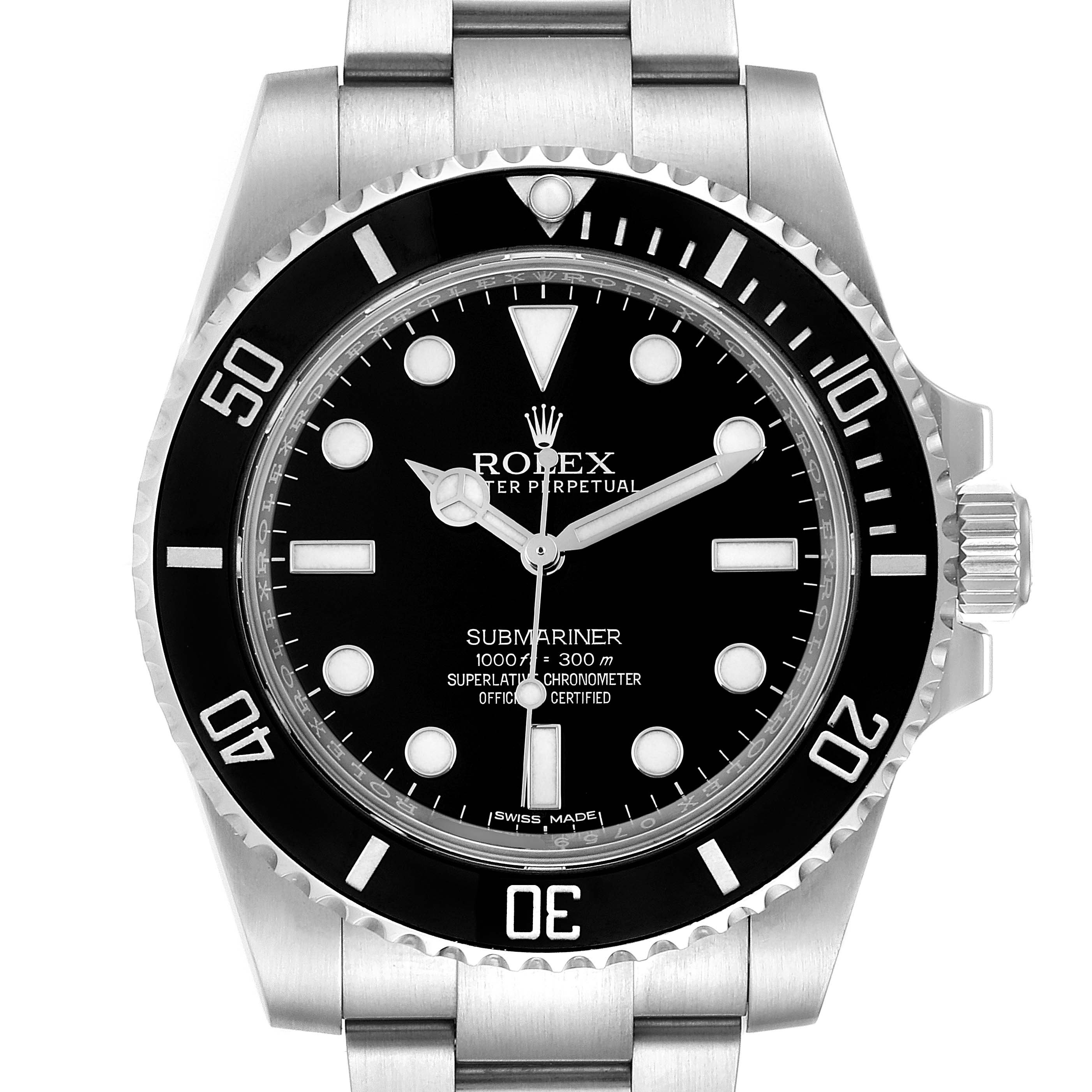 This image shows a front view of the Rolex Submariner 114060 Men
s Stainless Steel Black Dial 114060 Men
s Stainless Steel Black Dial watch face, bezel, and part of the stainless steel bracelet.