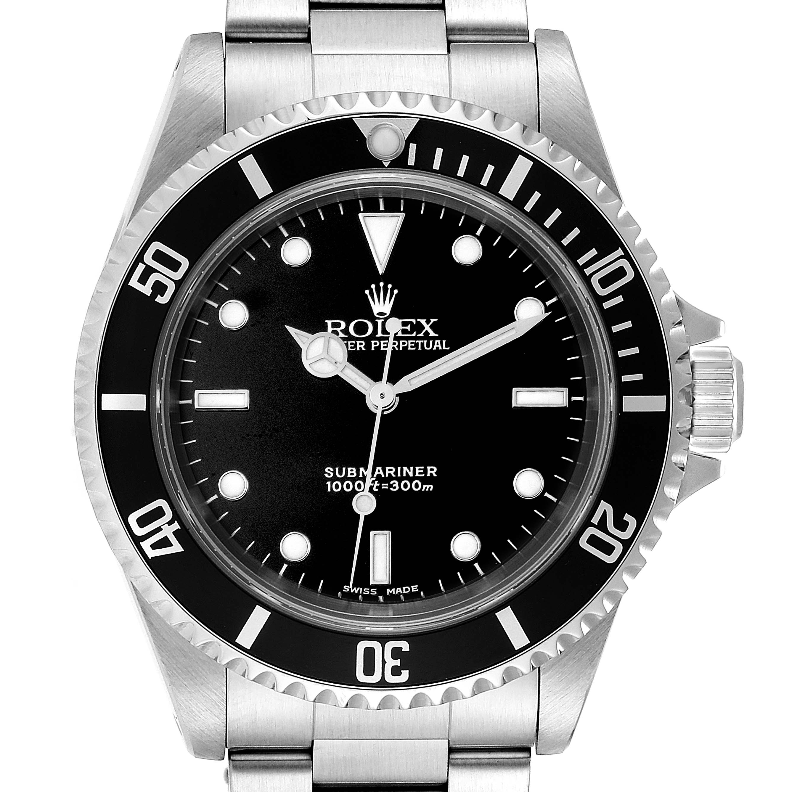 This image shows a front view of a Rolex Submariner 14060 Men
s Stainless Steel Black Dial 14060 Men
s Stainless Steel Black Dial watch, displaying its black dial, bezel, and stainless steel bracelet.