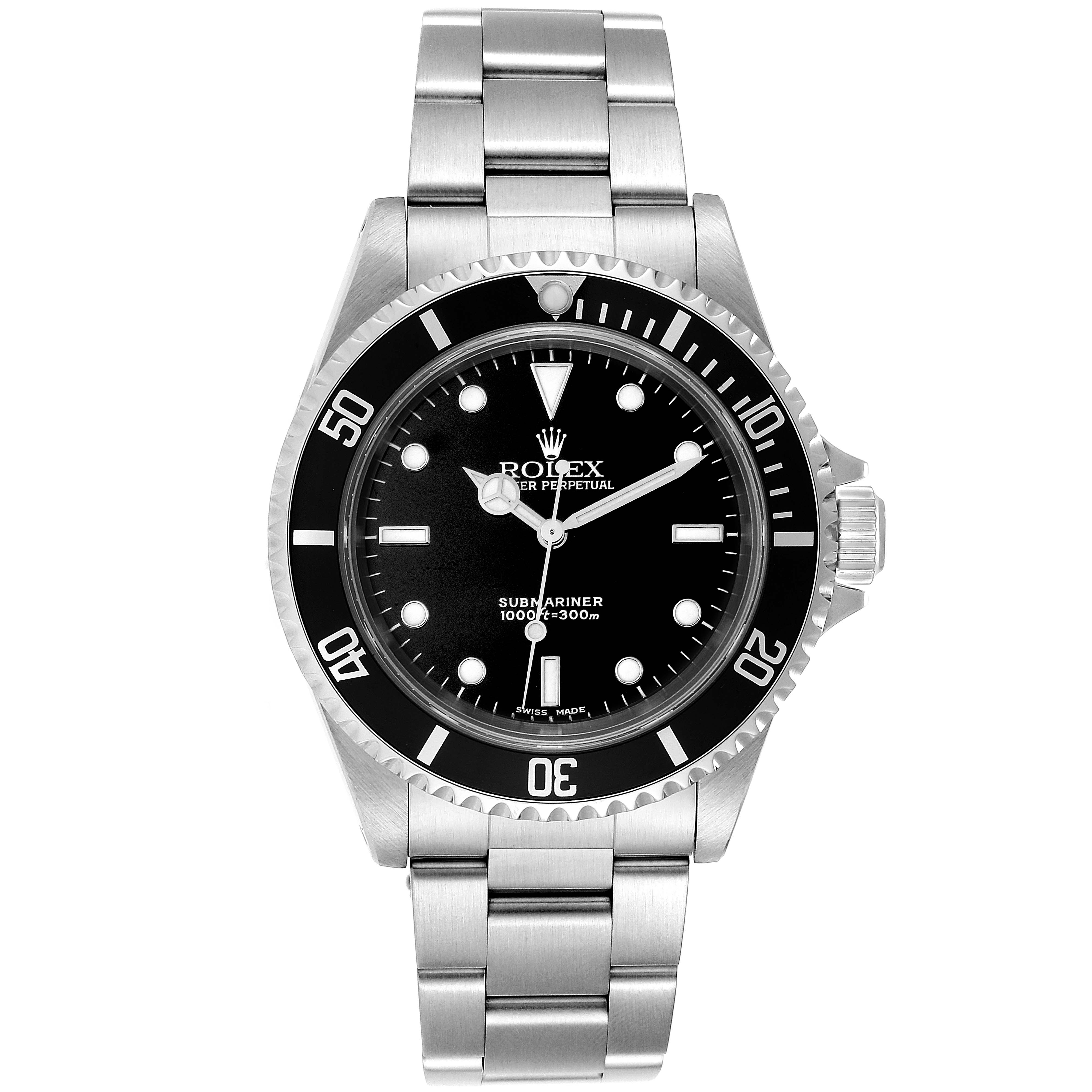 This image shows a front angle of a Rolex Submariner 14060 Men
s Stainless Steel Black Dial 14060 Men
s Stainless Steel Black Dial watch, displaying the dial, bezel, and bracelet.