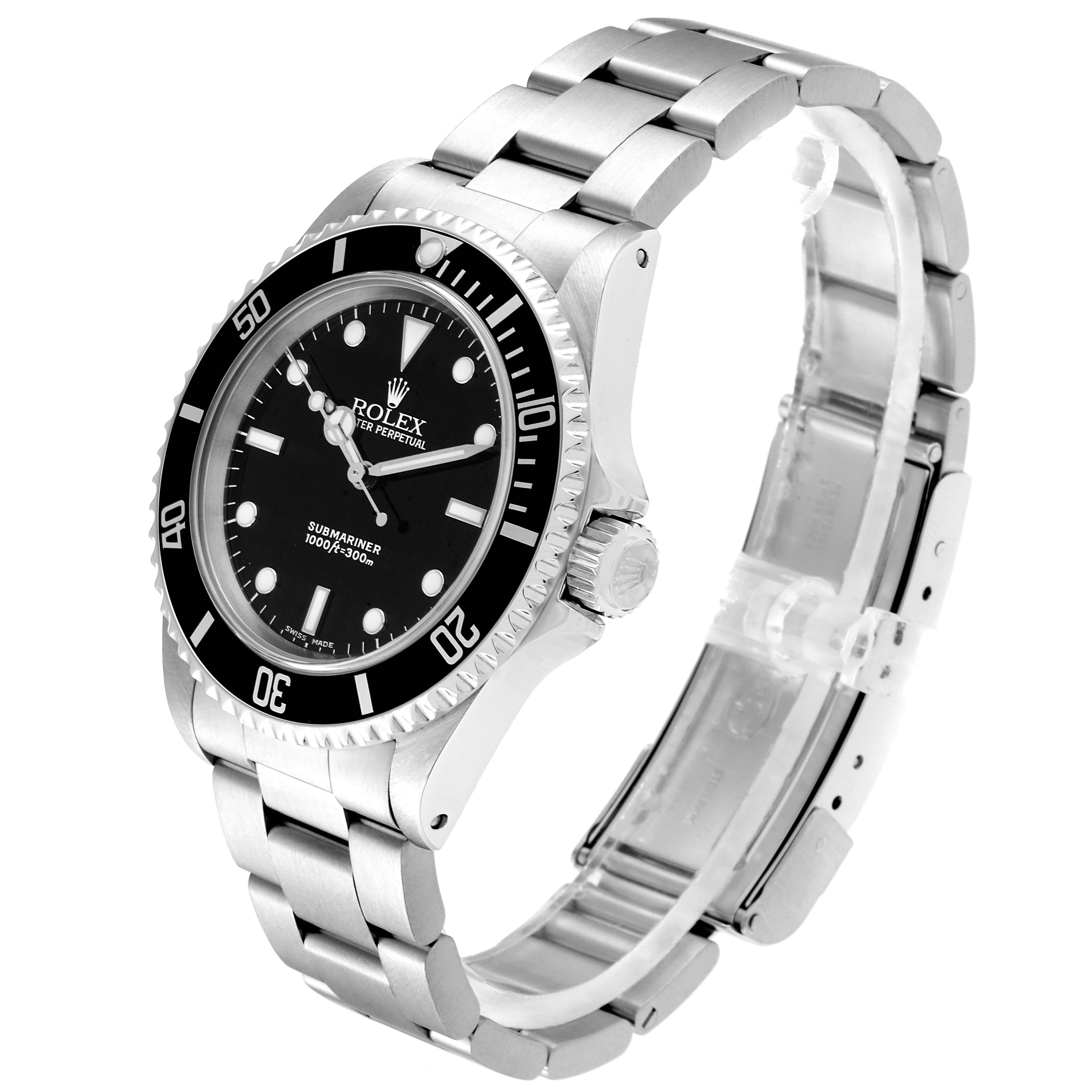 The Rolex Submariner 14060 Men
s Stainless Steel Black Dial 14060 Men
s Stainless Steel Black Dial watch is shown at a slight angle, emphasizing its face, bezel, crown, and bracelet.