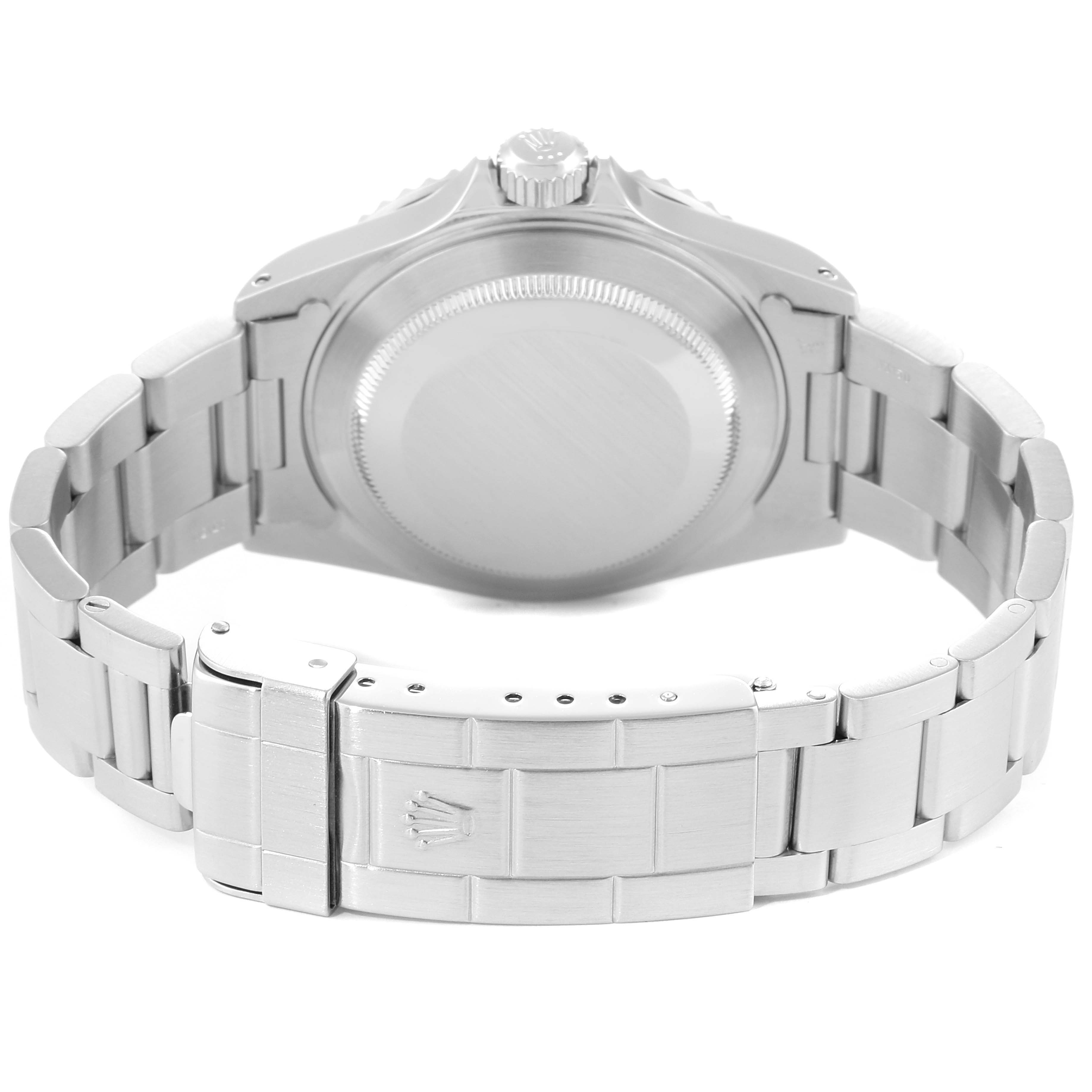 This image shows the back case and bracelet of a Rolex Submariner 14060 Men
s Stainless Steel Black Dial 14060 Men
s Stainless Steel Black Dial watch from a rear view angle.