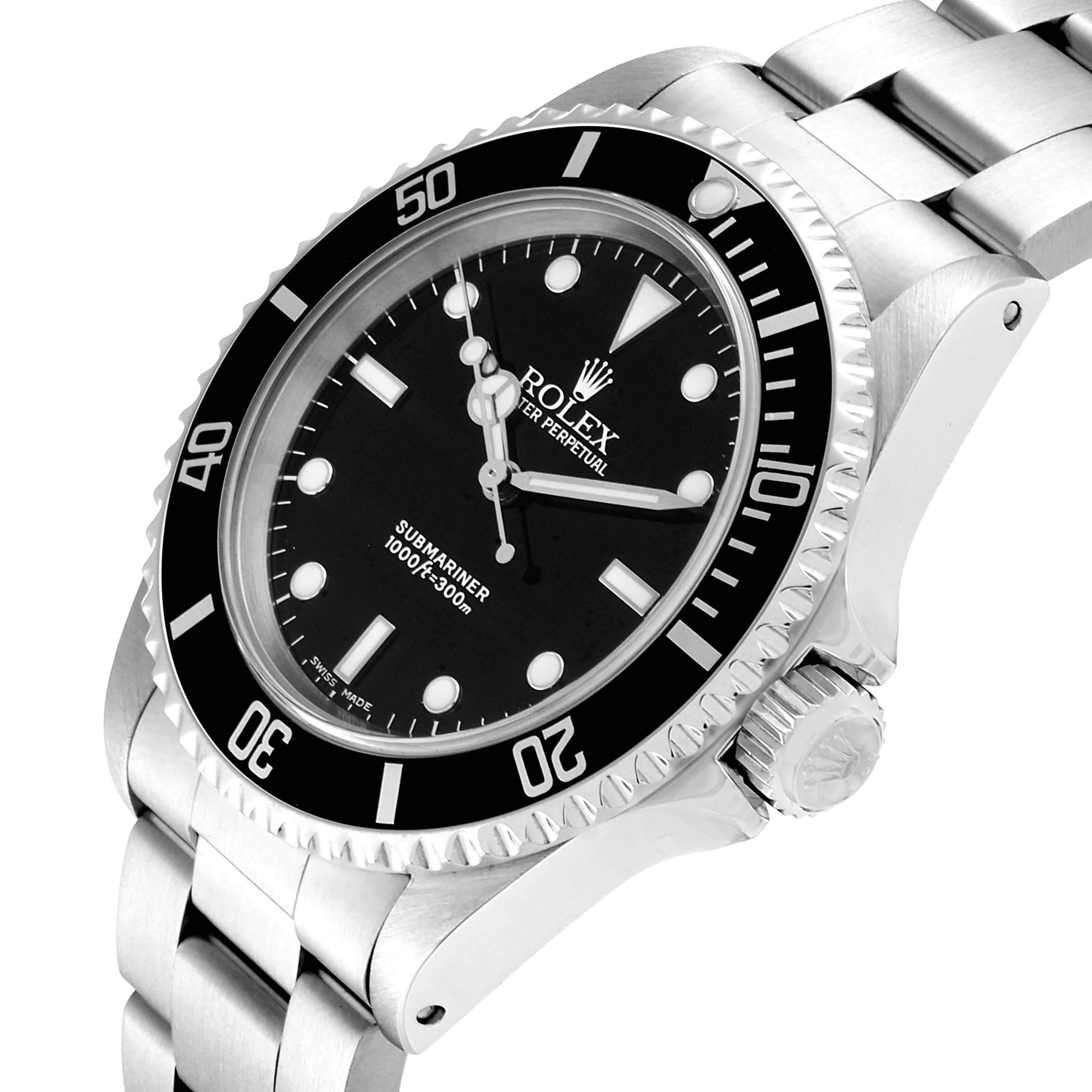 The image shows a close-up, angled view of a Rolex Submariner 14060 Men
s Stainless Steel Black Dial 14060 Men
s Stainless Steel Black Dial watch, highlighting its black dial, bezel, and bracelet.