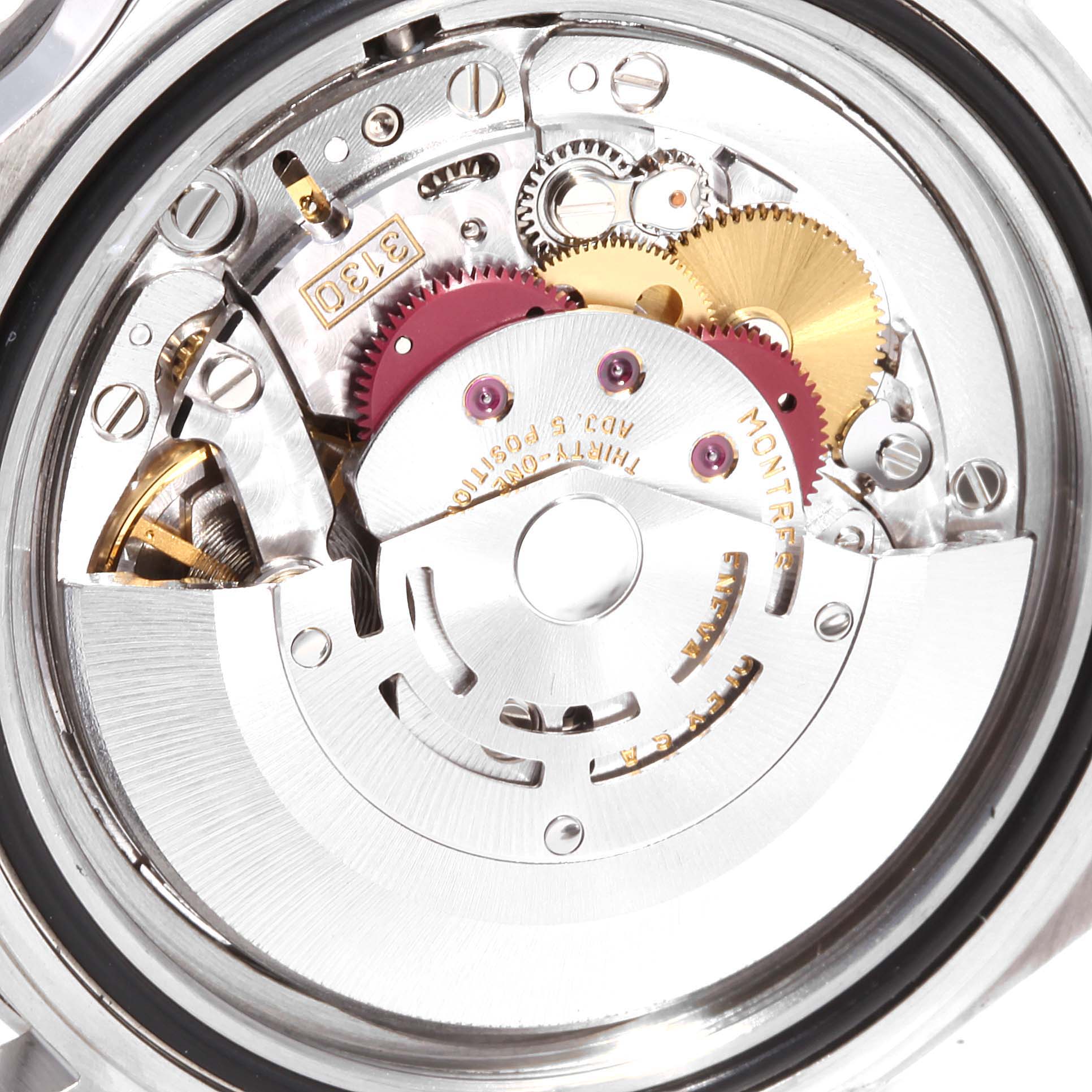 This image shows a close-up view of the movement mechanism inside a Rolex Submariner 14060 Men
s Stainless Steel Black Dial 14060 Men
s Stainless Steel Black Dial watch.