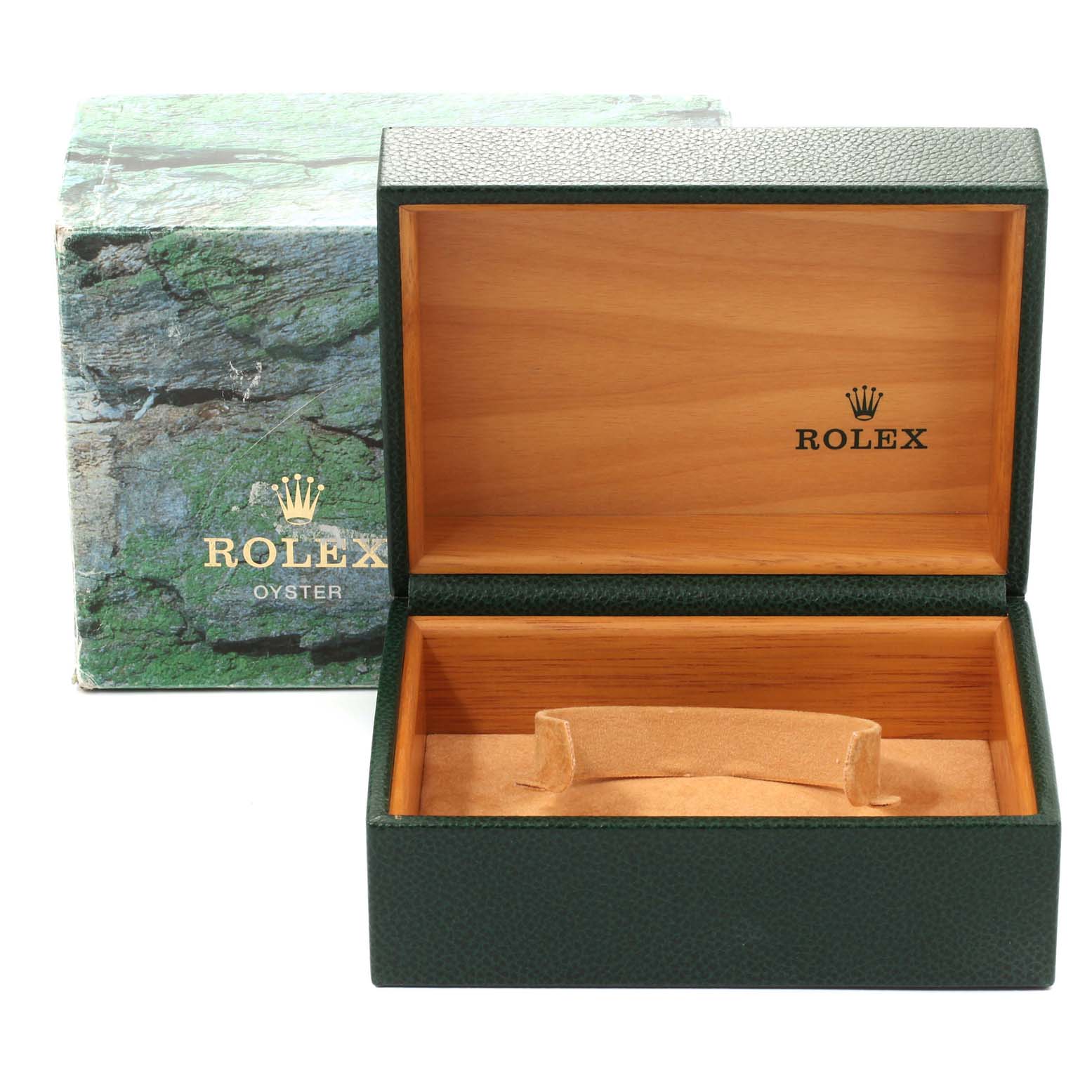 The image shows an open Rolex Submariner 14060 Men
s Stainless Steel Black Dial 14060 Men
s Stainless Steel Black Dial watch box with its outer packaging.