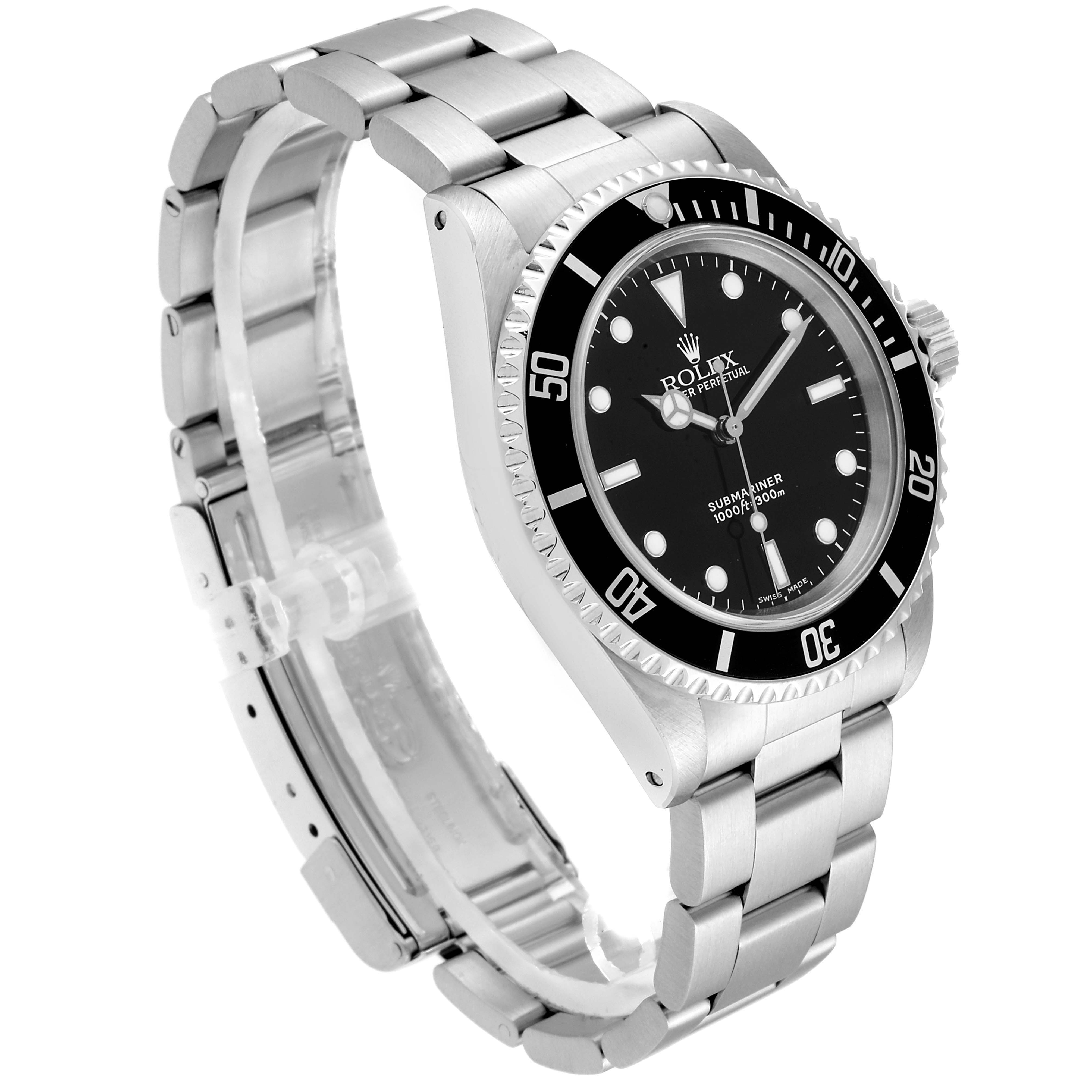The image shows a side and front angle of a Rolex Submariner 14060 Men
s Stainless Steel Black Dial 14060 Men
s Stainless Steel Black Dial watch displaying its bezel, dial, and bracelet.