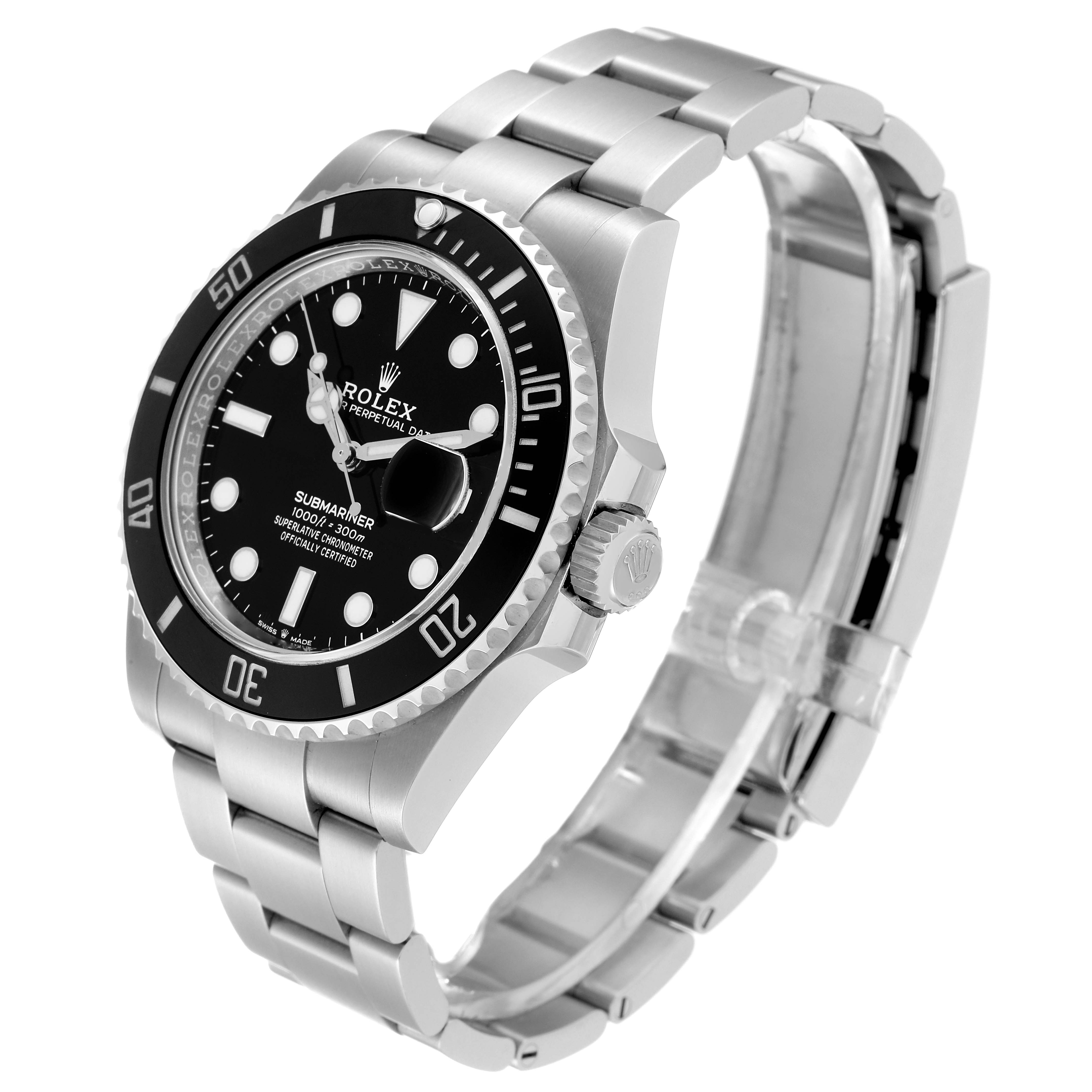 The image shows a side and three-quarter view of the Rolex Submariner 126610 Men
s Stainless Steel Black Dial 126610 Men
s Stainless Steel Black Dial, highlighting its bezel, dial, crown, and bracelet.