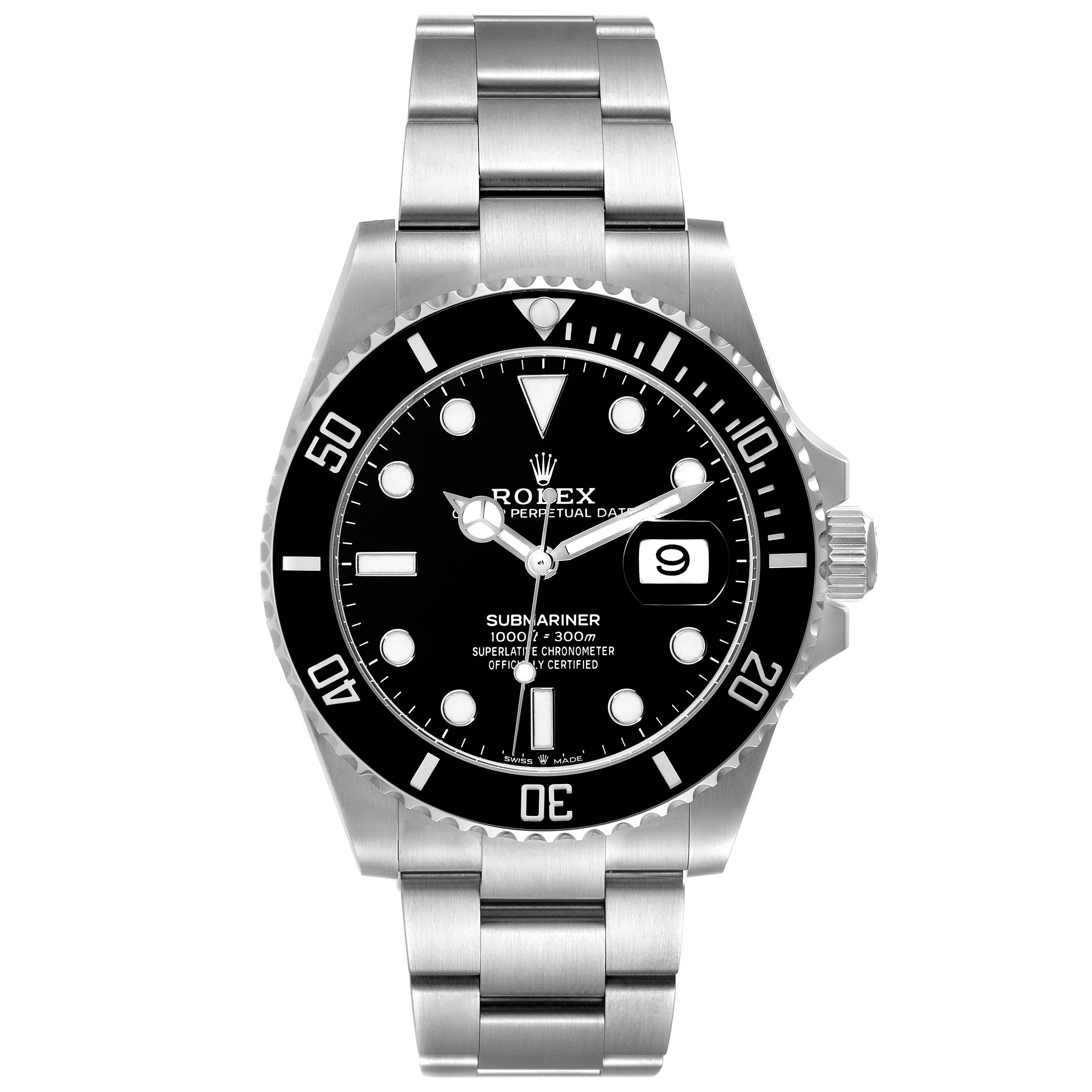 This image shows a frontal view of a Rolex Submariner 126610 Men
s Stainless Steel Black Dial 126610 Men
s Stainless Steel Black Dial, featuring the dial, bezel, bracelet, and date window.