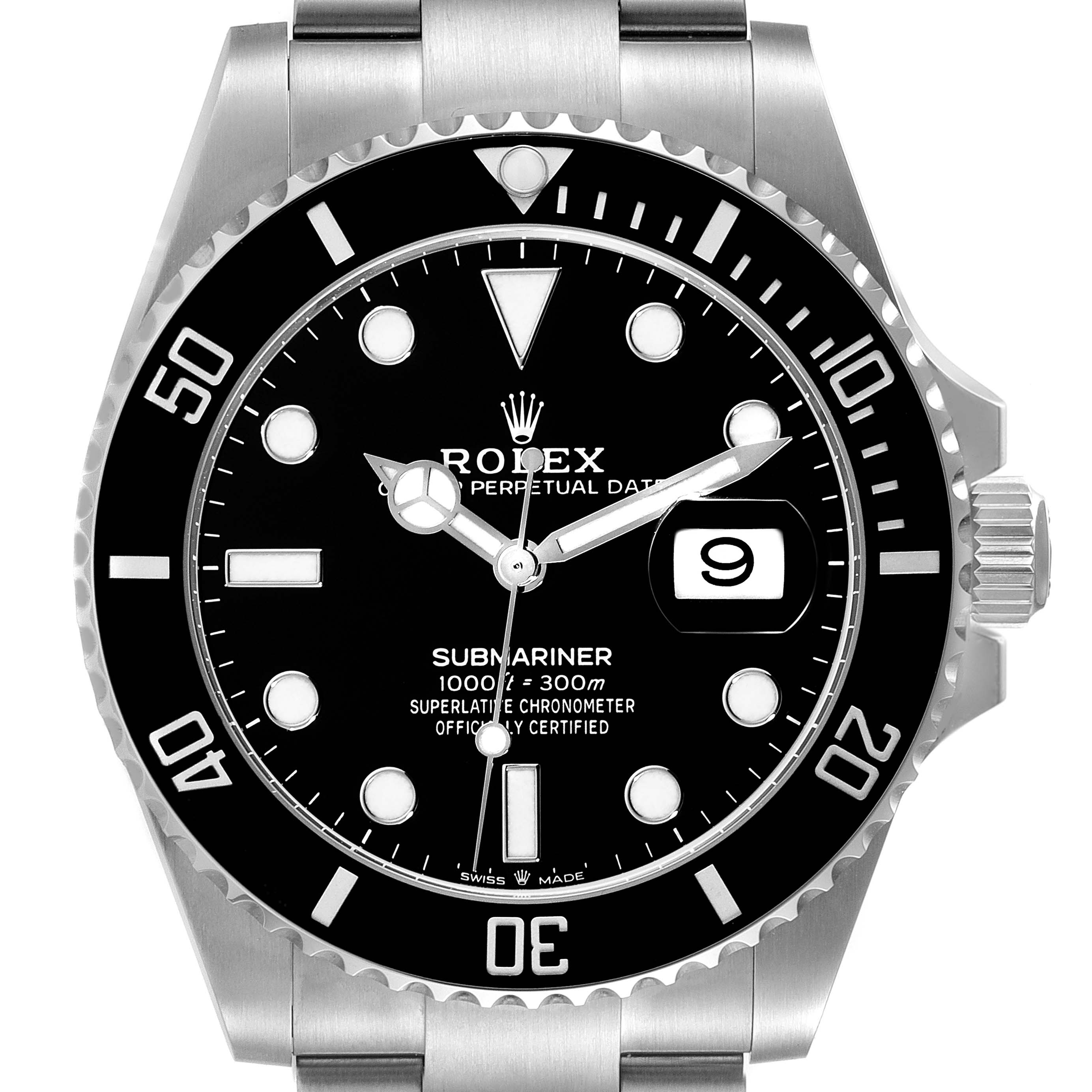 The image shows a frontal view of the Rolex Submariner 126610 Men
s Stainless Steel Black Dial 126610 Men
s Stainless Steel Black Dial watch, highlighting the dial, bezel, and part of the bracelet.