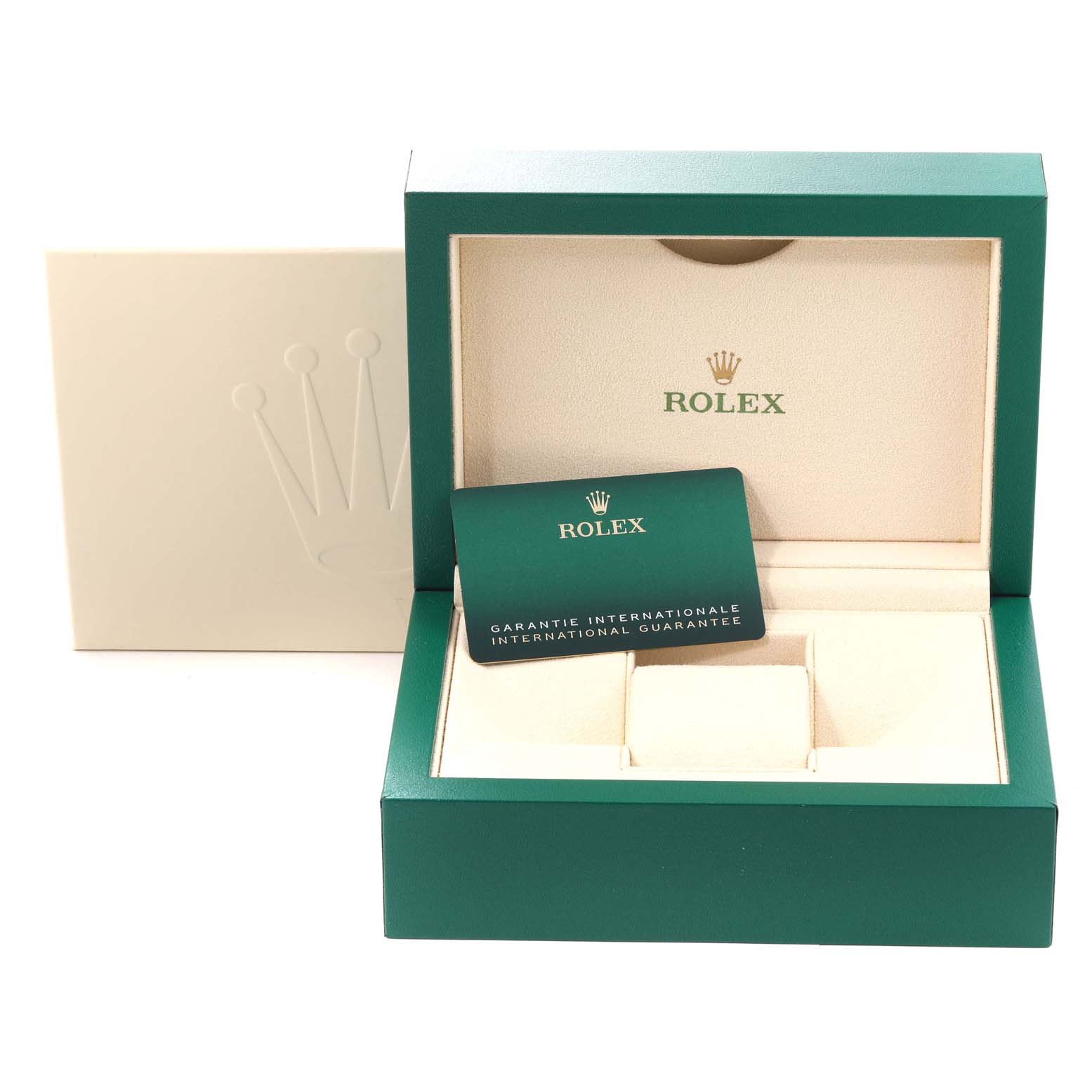 The image shows an open Rolex Submariner 126610 Men
s Stainless Steel Black Dial 126610 Men
s Stainless Steel Black Dial watch box with a guarantee card visible inside.