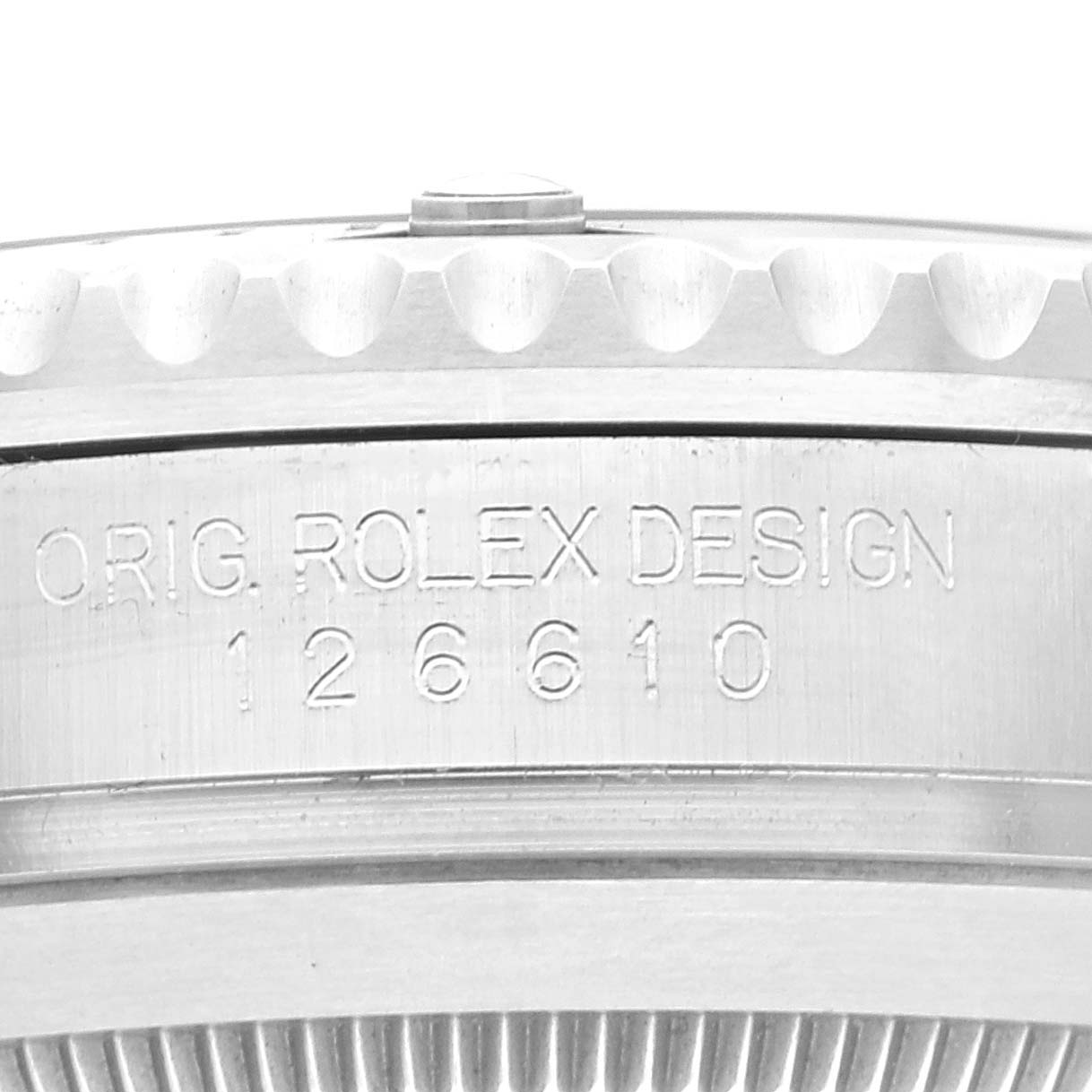 The image shows a close-up of the serial number "126610" and "Orig. Rolex Design" etched on the case side of a Rolex Submariner 126610 Men
s Stainless Steel Black Dial 126610 Men
s Stainless Steel Black Dial.