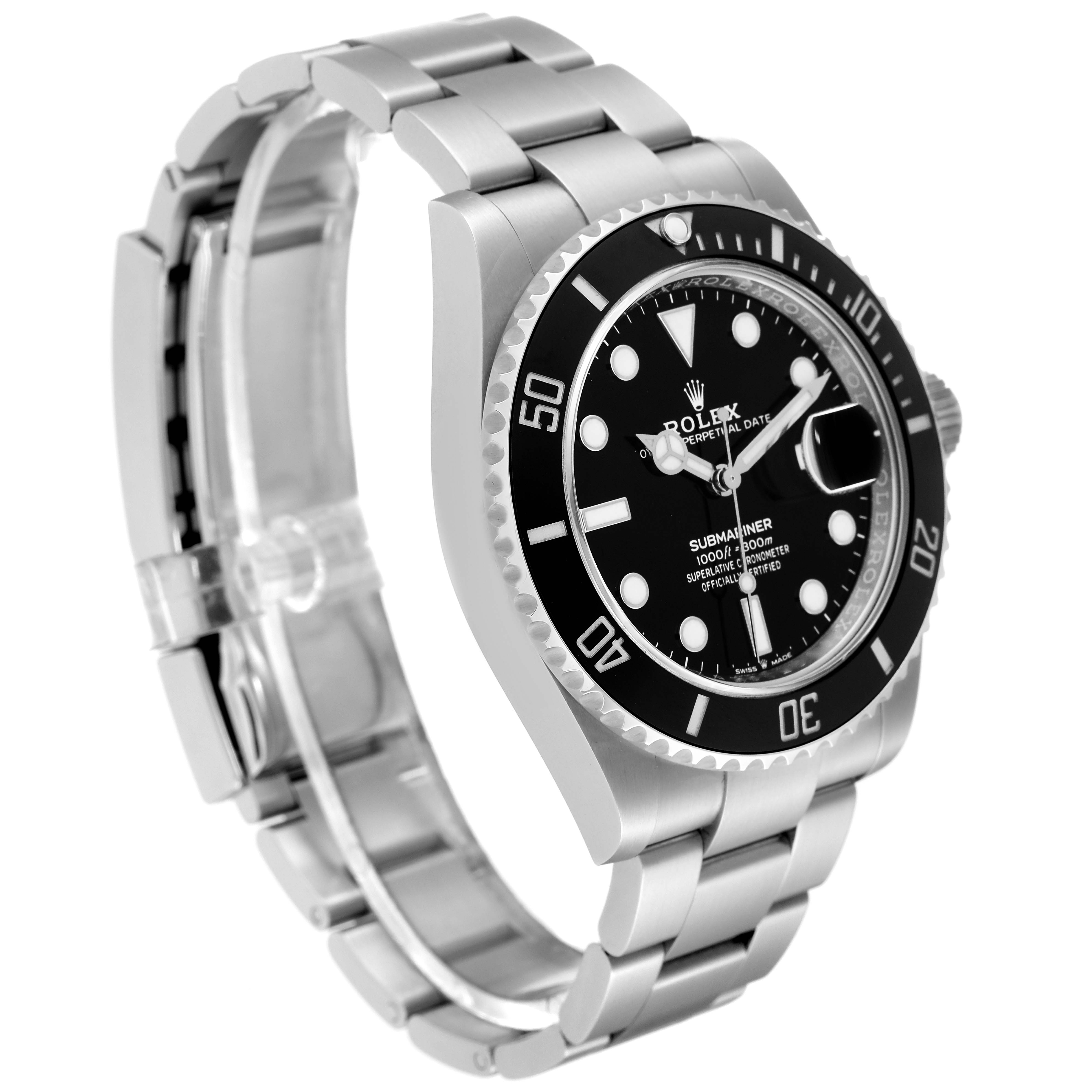 The image shows a side angle of a Rolex Submariner 126610 Men
s Stainless Steel Black Dial 126610 Men
s Stainless Steel Black Dial, highlighting its bracelet and bezel.