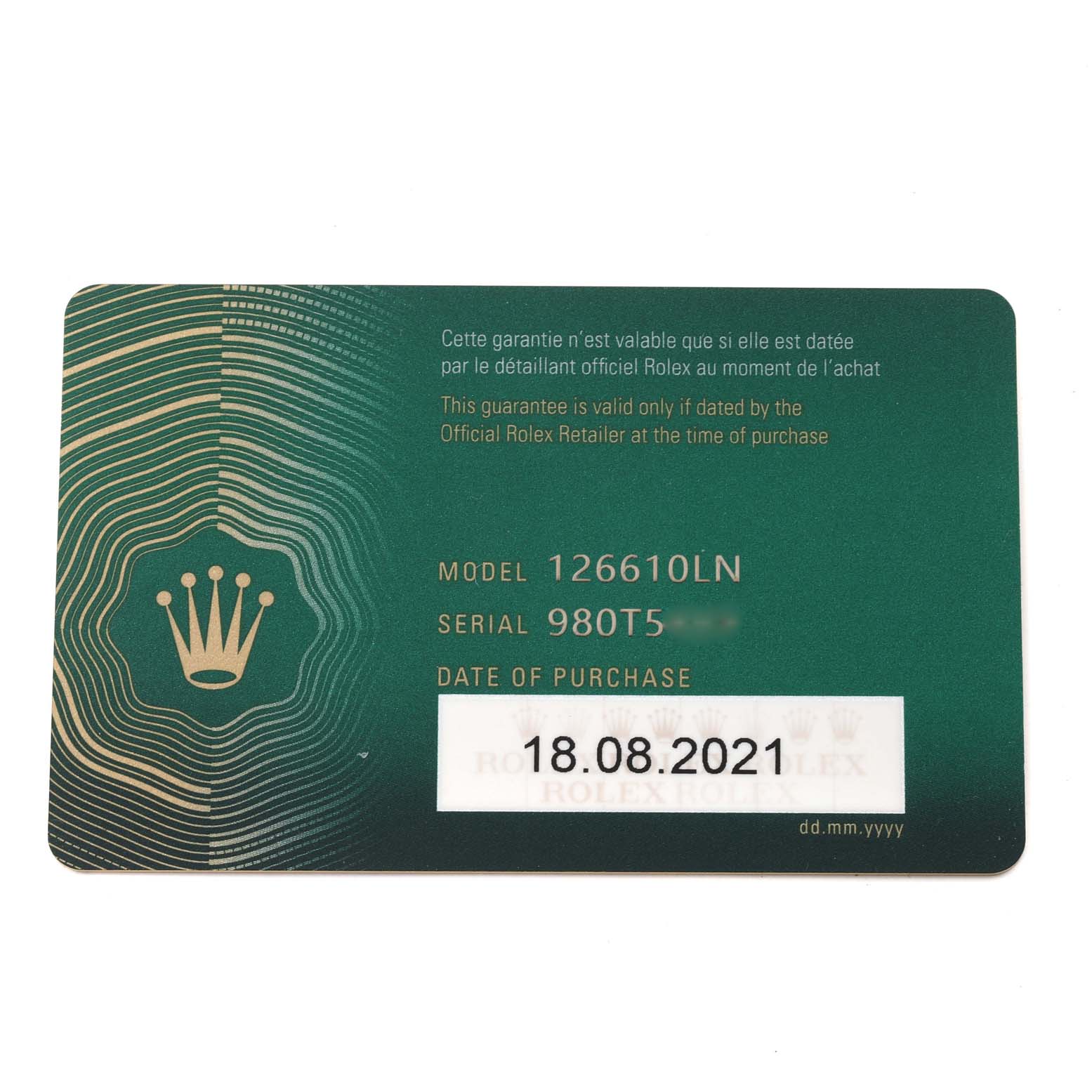 This image shows a warranty card for a Rolex Submariner 126610 Men
s Stainless Steel Black Dial 126610 Men
s Stainless Steel Black Dial model 126610LN with a date of purchase as 18.08.2021.