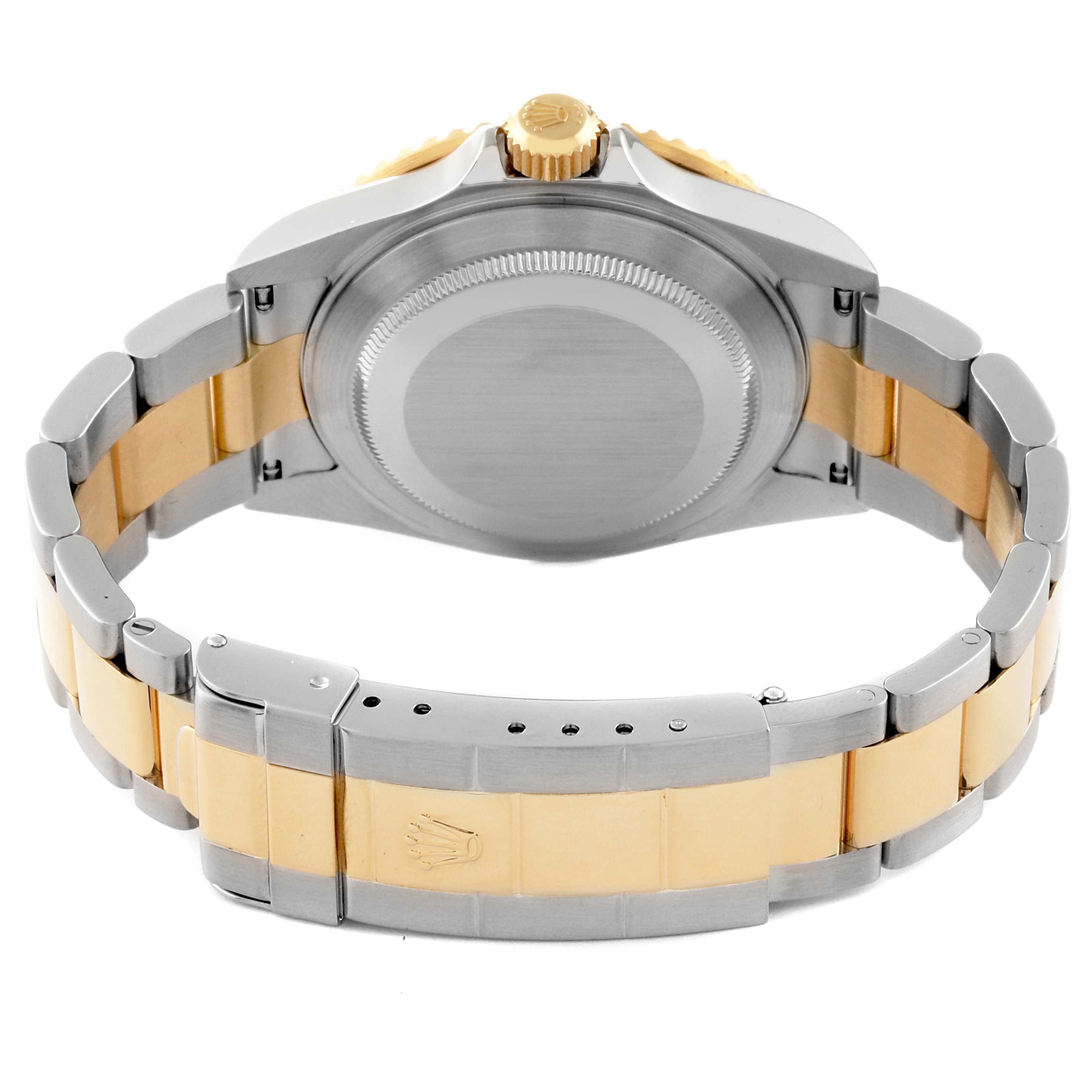 The image shows the back view of a Rolex Submariner 16613 Men's Steel and Gold (two tone) Blue Dial 16613 Men's Steel and Gold (two tone) Blue Dial, highlighting the clasp, case back, and bracelet.