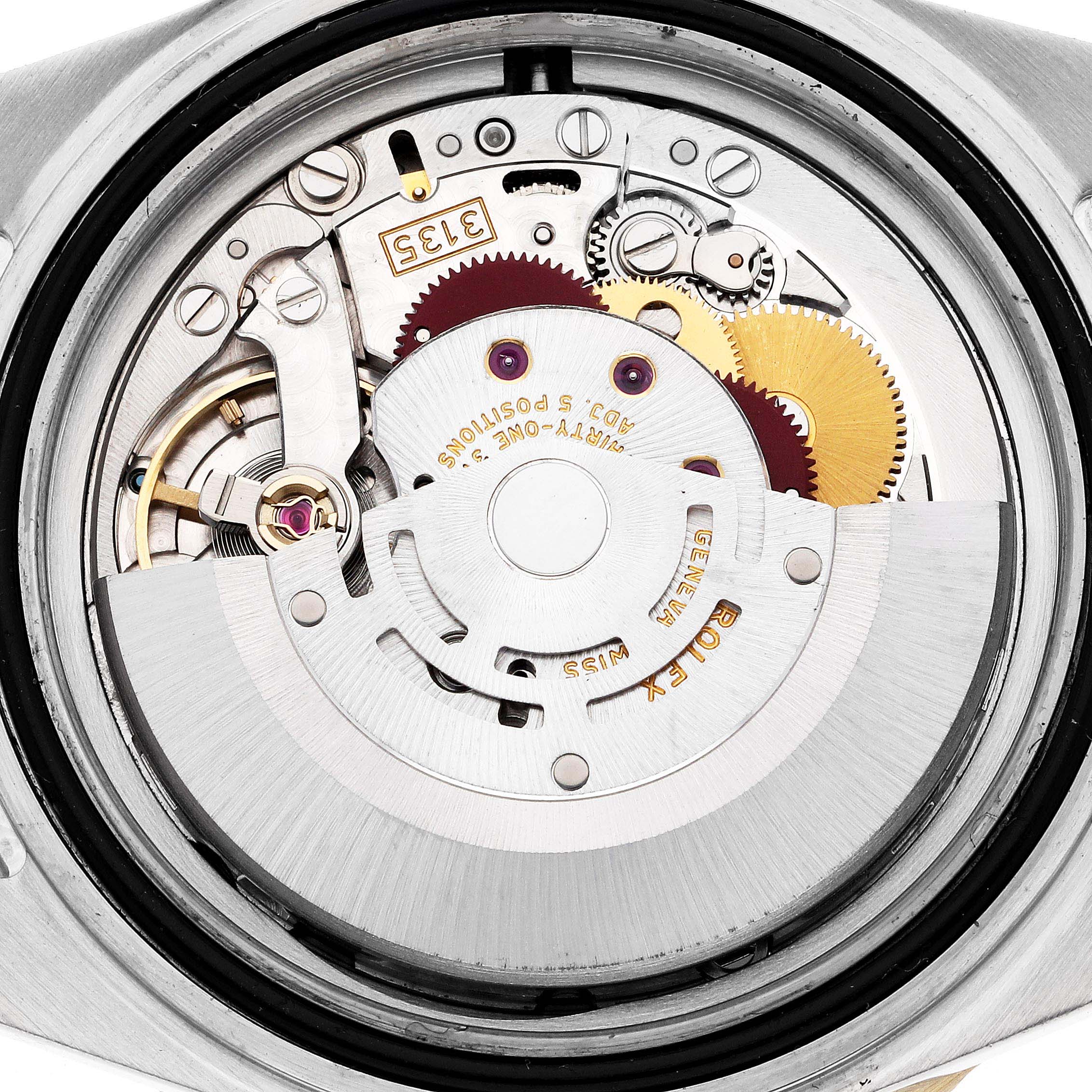 The image shows a close-up of the movement mechanism and internal components of a Rolex Submariner 16613 Men's Steel and Gold (two tone) Blue Dial 16613 Men's Steel and Gold (two tone) Blue Dial watch viewed from the back.