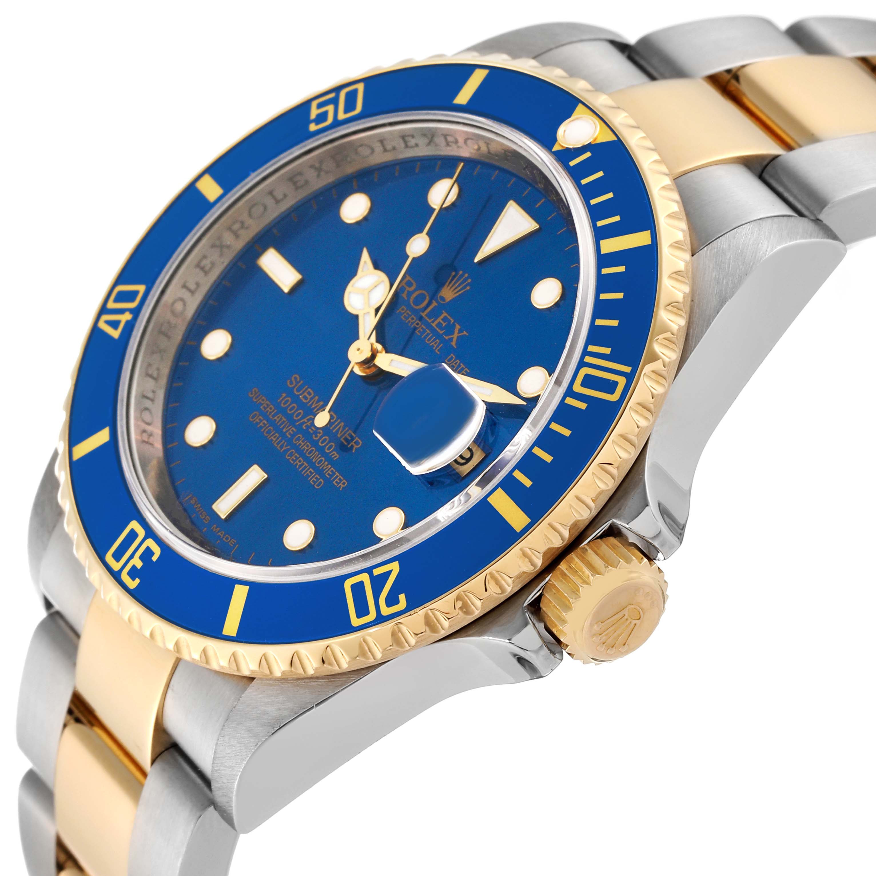 The image shows a close-up side view of a Rolex Submariner 16613 Men's Steel and Gold (two tone) Blue Dial 16613 Men's Steel and Gold (two tone) Blue Dial, highlighting its blue bezel, blue dial, and two-tone bracelet.
