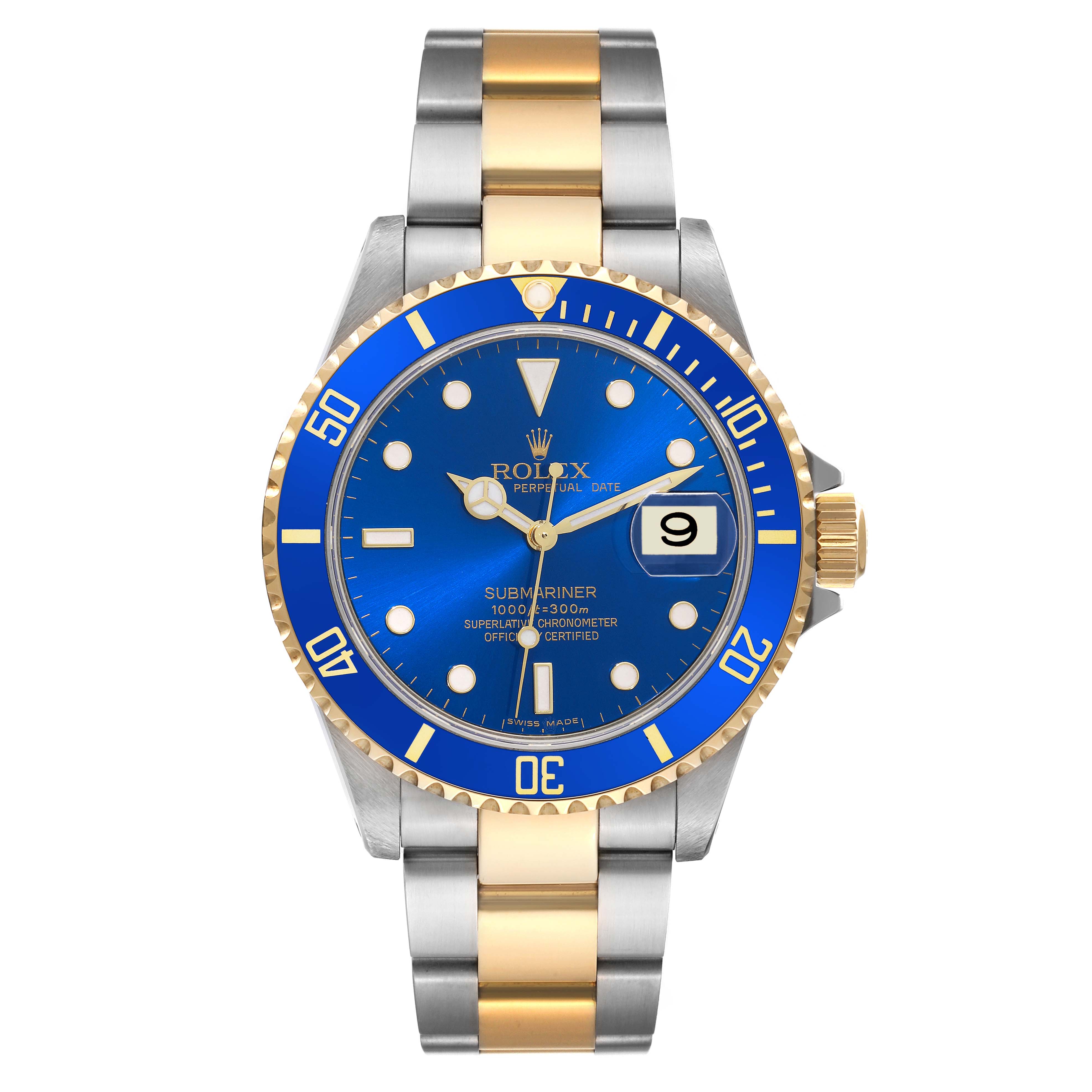 The Rolex Submariner 16613 Men's Steel and Gold (two tone) Blue Dial 16613 Men's Steel and Gold (two tone) Blue Dial watch is shown from a direct top-down angle, featuring the blue dial, bezel, and two-tone metal bracelet.