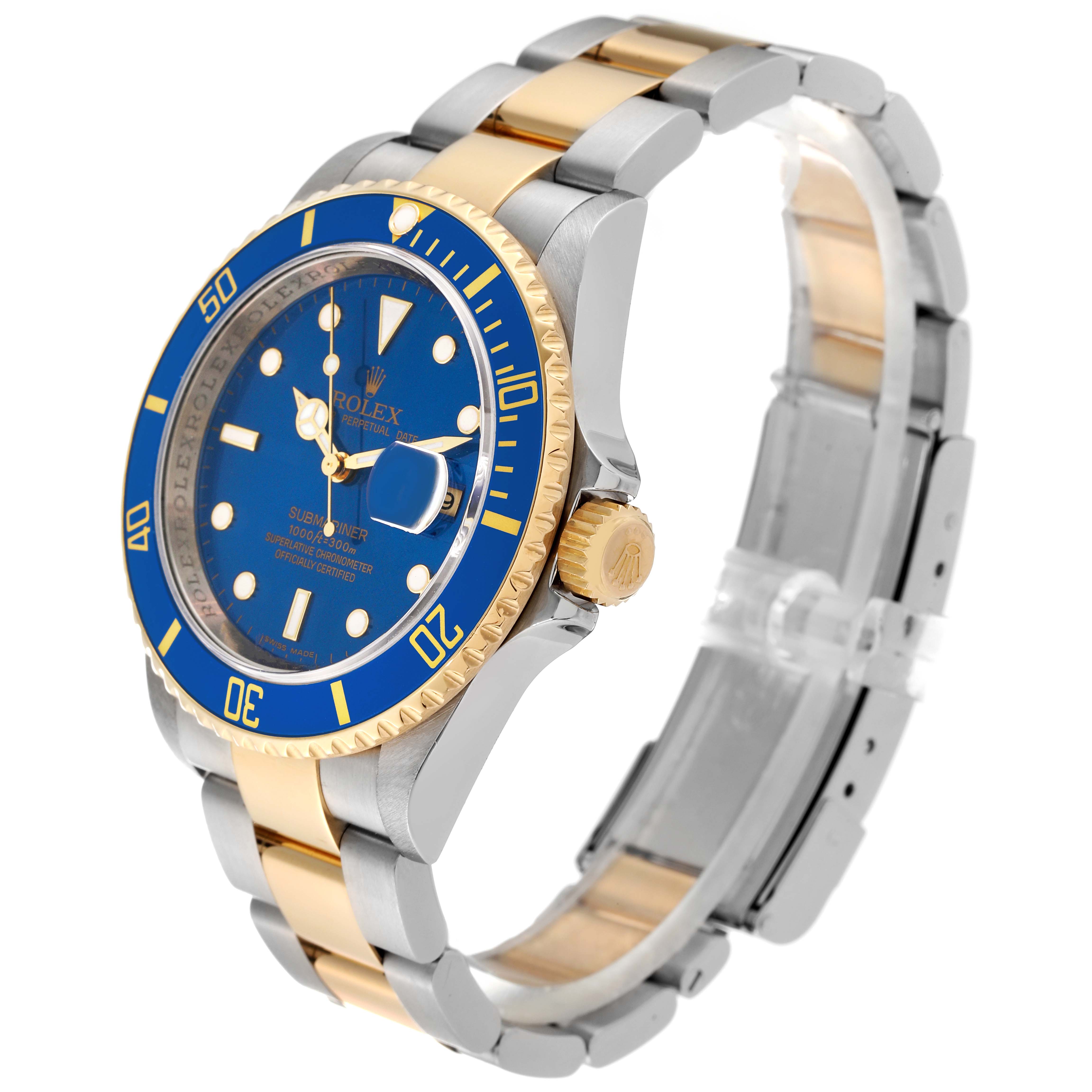 This image shows a side angle of a Rolex Submariner 16613 Men's Steel and Gold (two tone) Blue Dial 16613 Men's Steel and Gold (two tone) Blue Dial watch, highlighting its blue dial, gold and silver bezel, and two-tone metal bracelet.