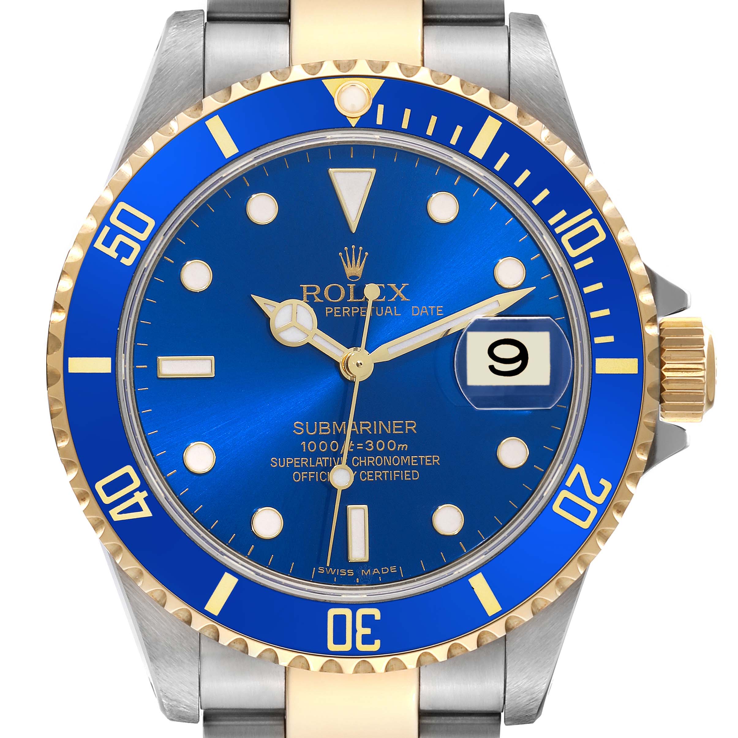 This image shows a front view of the Rolex Submariner 16613 Men's Steel and Gold (two tone) Blue Dial 16613 Men's Steel and Gold (two tone) Blue Dial watch, highlighting its blue dial, gold accents, bezel, hands, and date window.