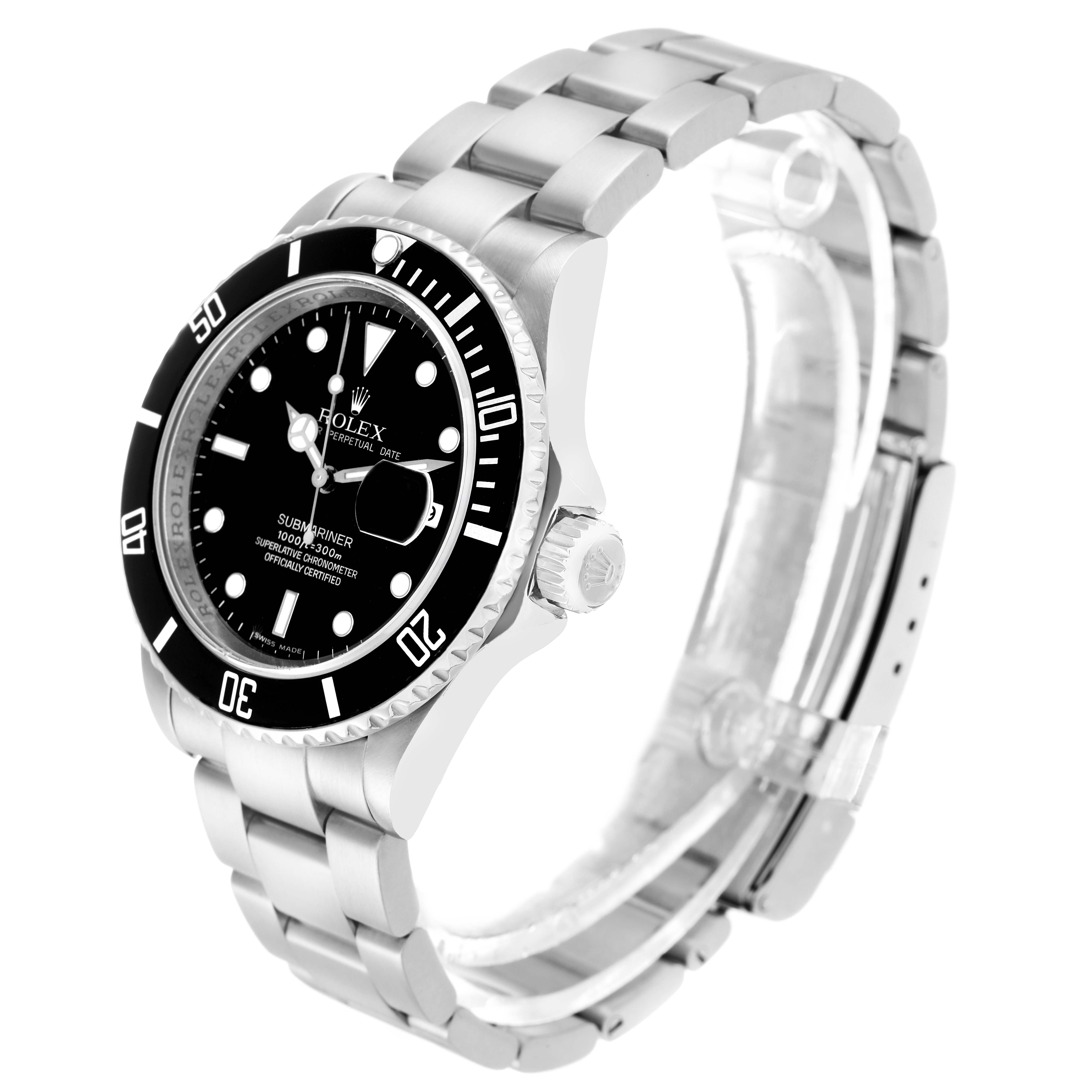 The Rolex Submariner 16610 Men
s Stainless Steel Black Dial watch is shown from a three-quarter angle, displaying its face, bezel, crown, and bracelet.