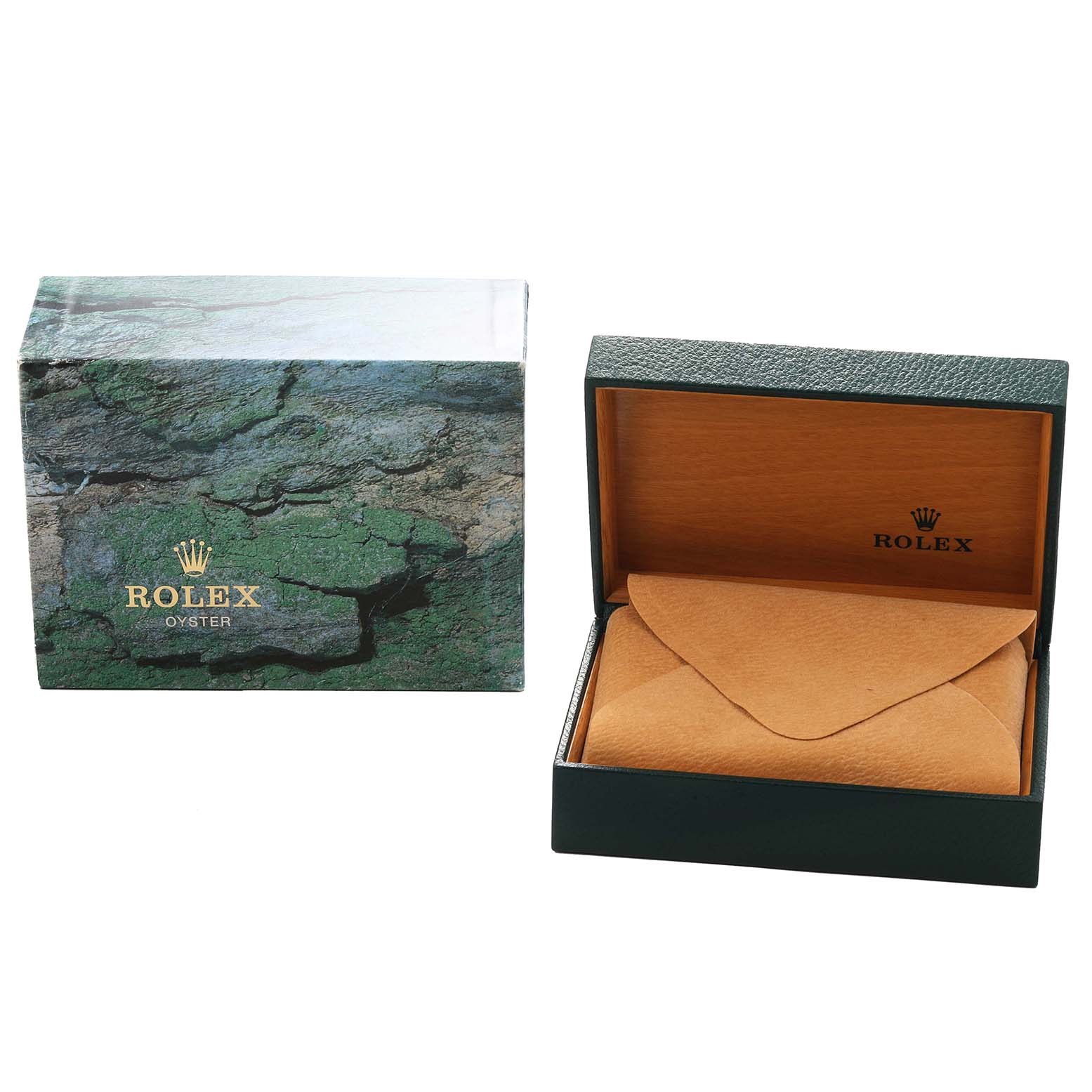 The image shows a Rolex Submariner 16610 Men
s Stainless Steel Black Dial watch box and case, with the box lid closed and the case open, revealing the interior.