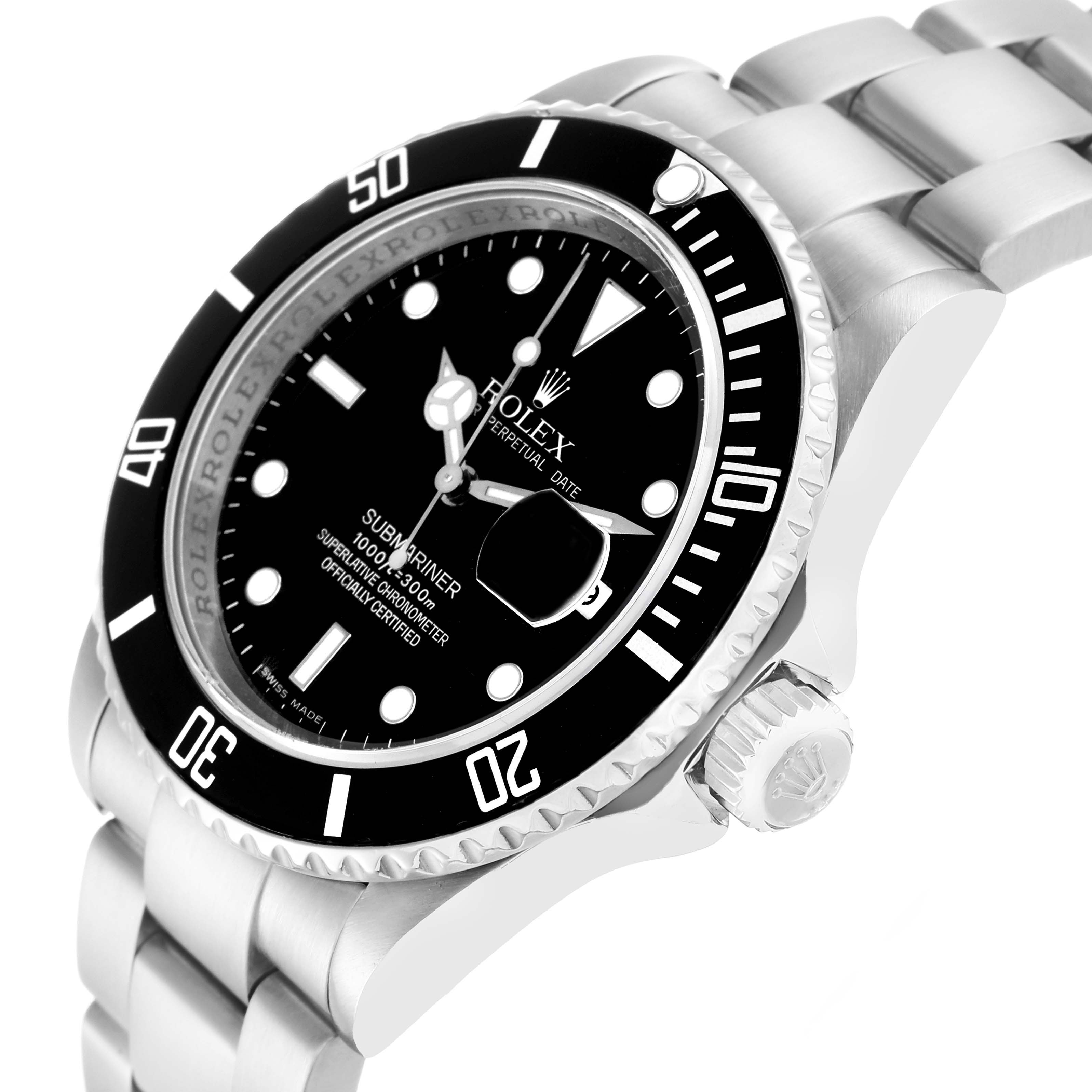 The Rolex Submariner 16610 Men
s Stainless Steel Black Dial is shown at a three-quarter angle, highlighting the bezel, dial, and crown on its stainless steel bracelet.