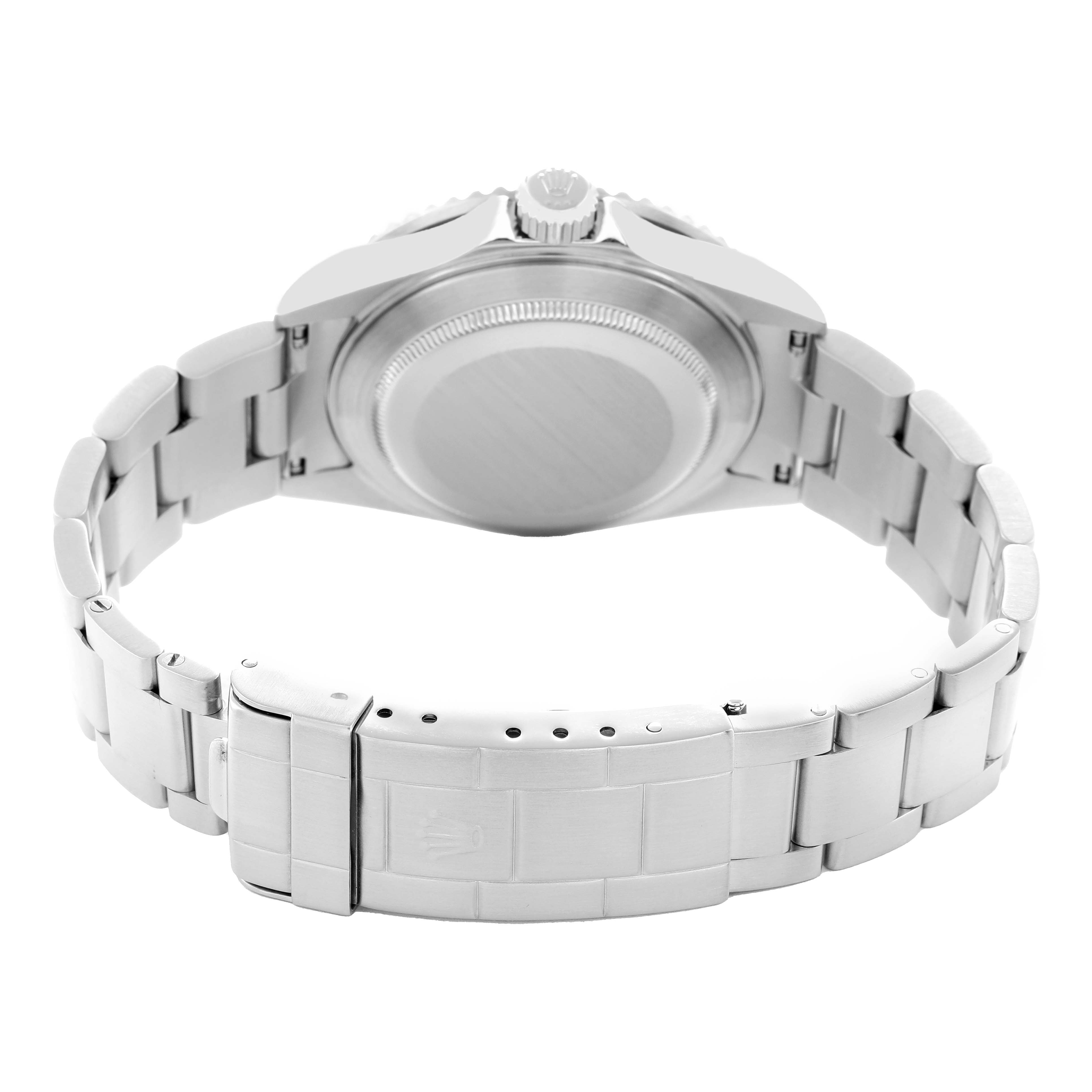 The image shows the Rolex Submariner 16610 Men
s Stainless Steel Black Dial from the back, highlighting the case back, crown, and bracelet with clasp.