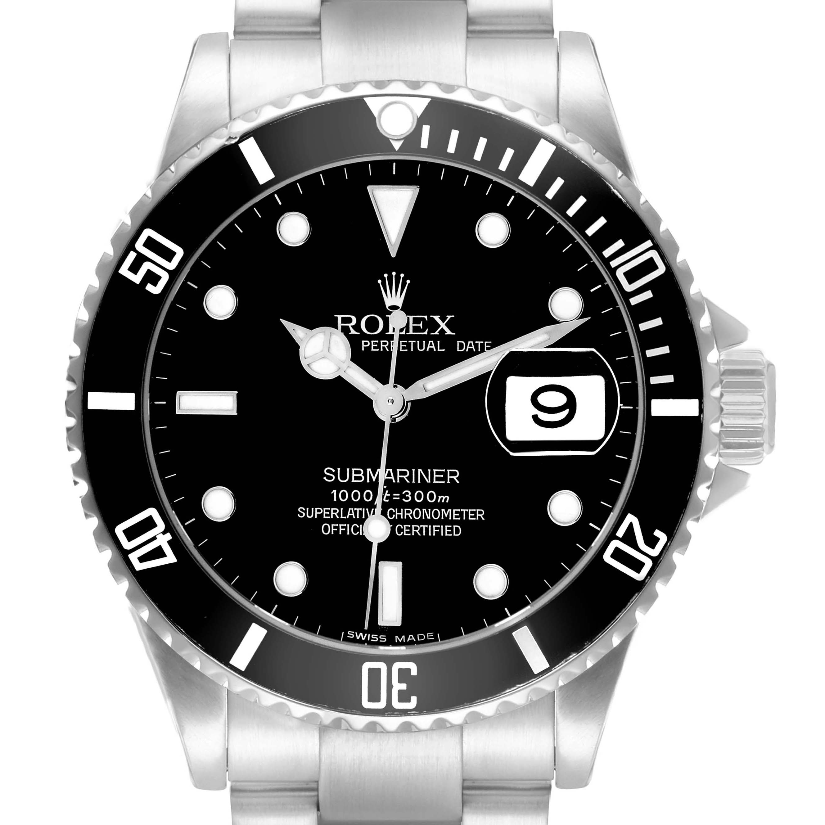 The Rolex Submariner 16610 Men
s Stainless Steel Black Dial watch is shown from a front angle, highlighting the dial, bezel, and bracelet.