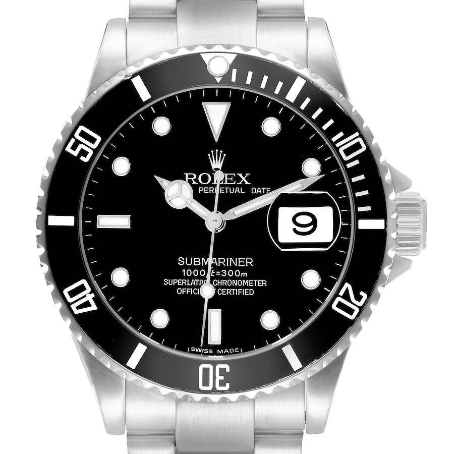 The Rolex Submariner model 16610 is shown from a front angle, displaying the watch face, bezel, crown, and bracelet.