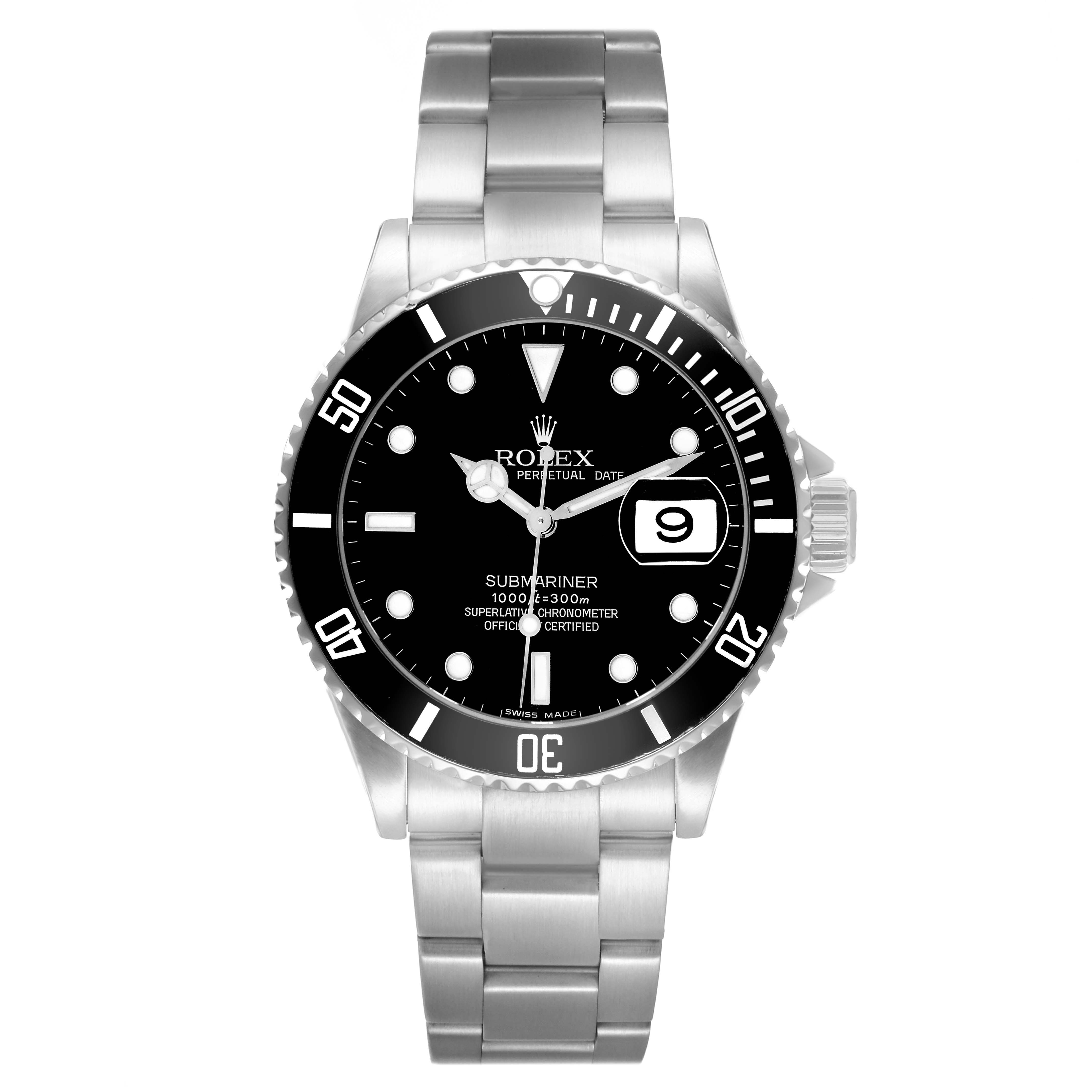 The Rolex Submariner 16610 Men
s Stainless Steel Black Dial watch is shown from the front, displaying the dial, bezel, case, and bracelet clearly.