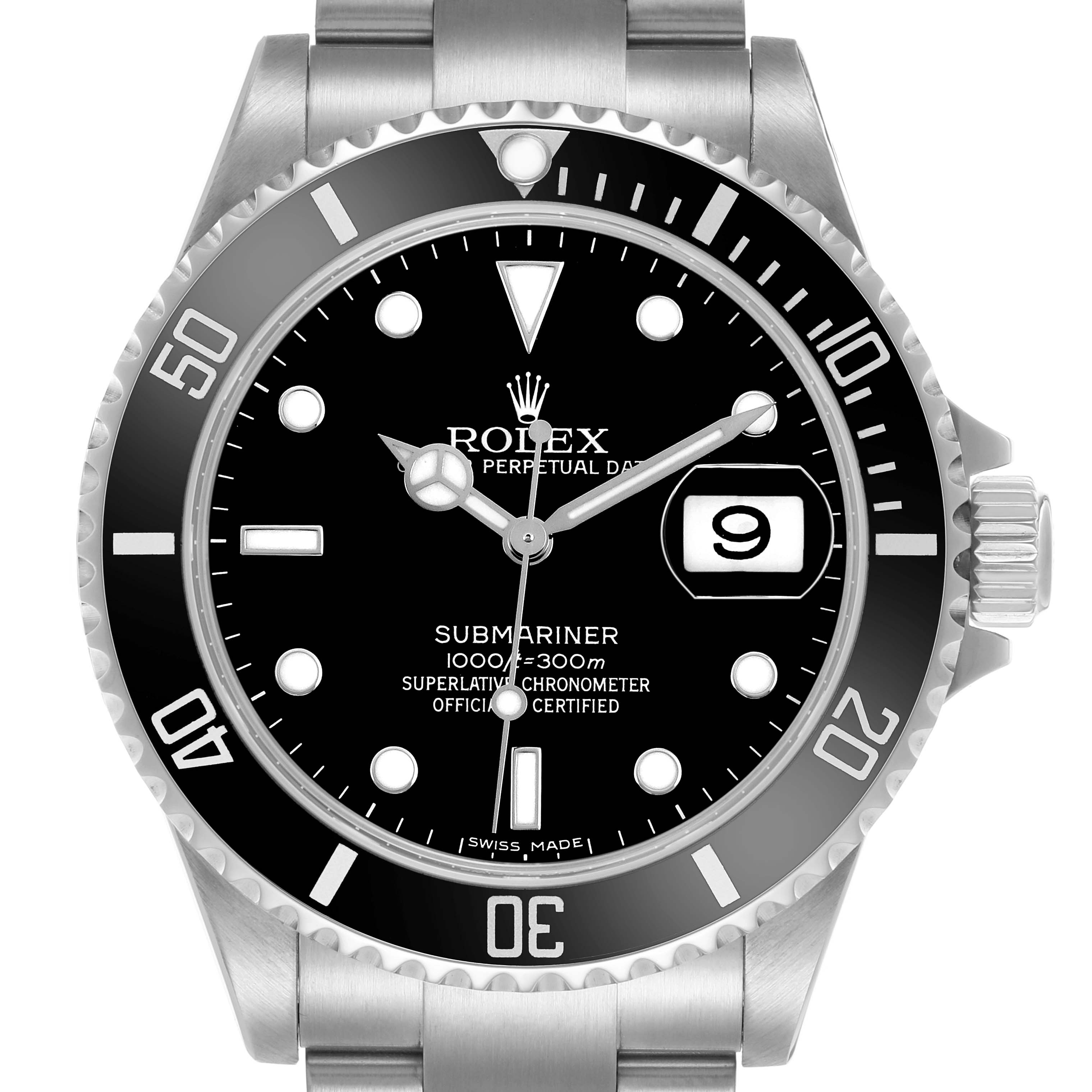 The Rolex Submariner 16610 Men's Stainless Steel Black Dial watch is shown from the front, displaying the dial, bezel, crown, and part of the bracelet.