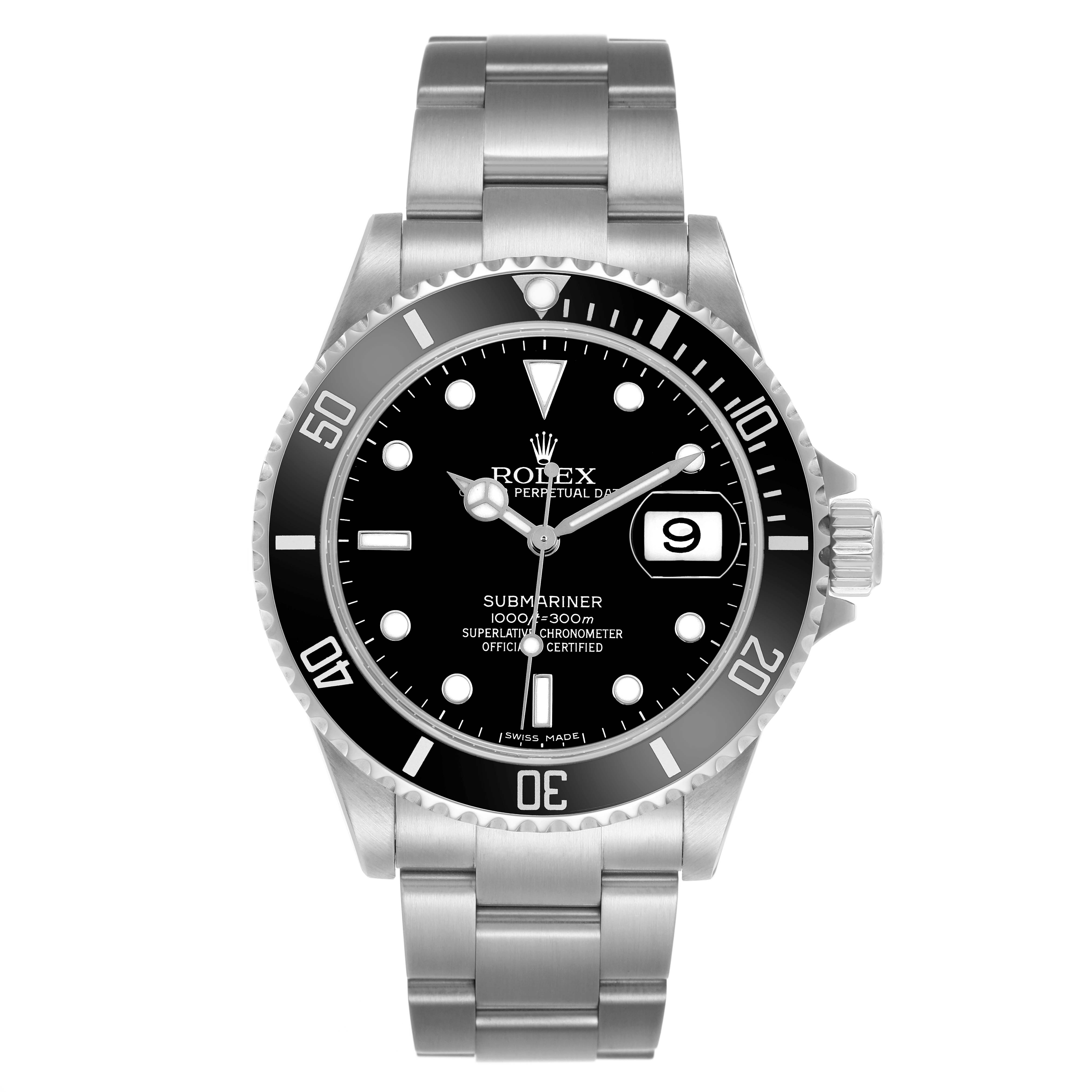 The Rolex Submariner 16610 Men's Stainless Steel Black Dial watch is shown from a straight-on angle, displaying its face, bezel, and bracelet.