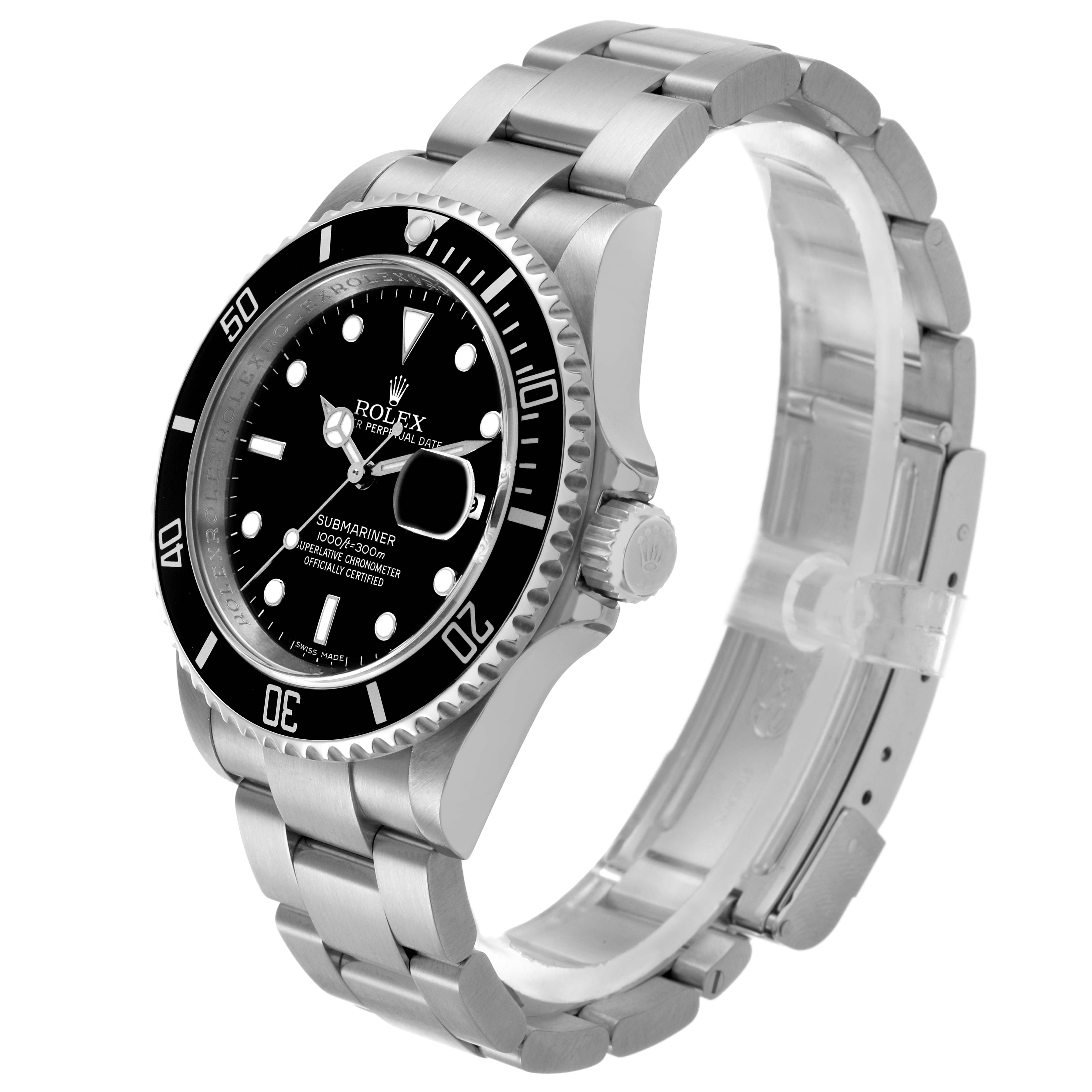 The Rolex Submariner 16610 Men's Stainless Steel Black Dial is shown from a three-quarter angle, highlighting the bezel, face, crown, and bracelet.