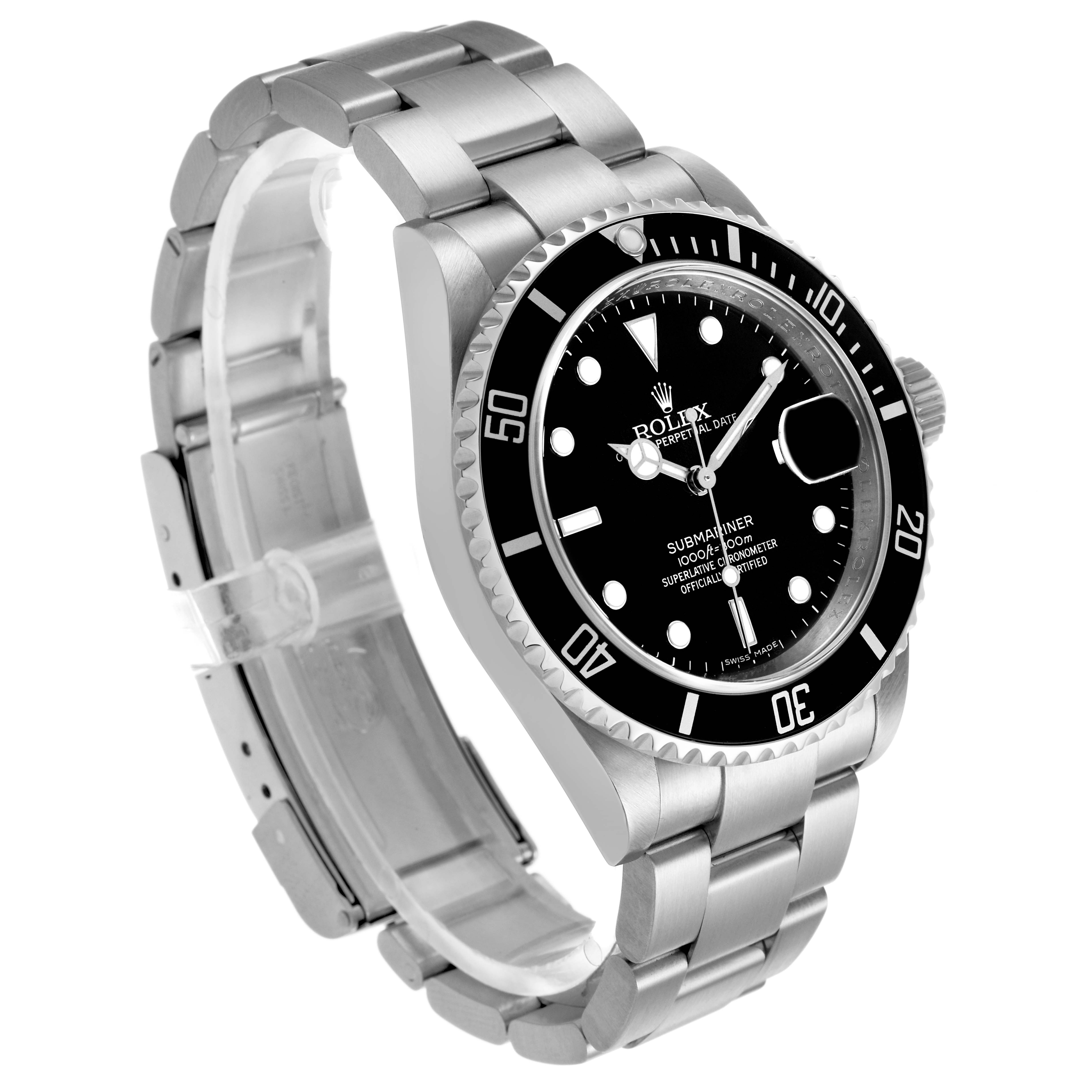 The Rolex Submariner 16610 Men's Stainless Steel Black Dial watch is shown at an angled side view, displaying the bezel, dial, bracelet, and clasp.