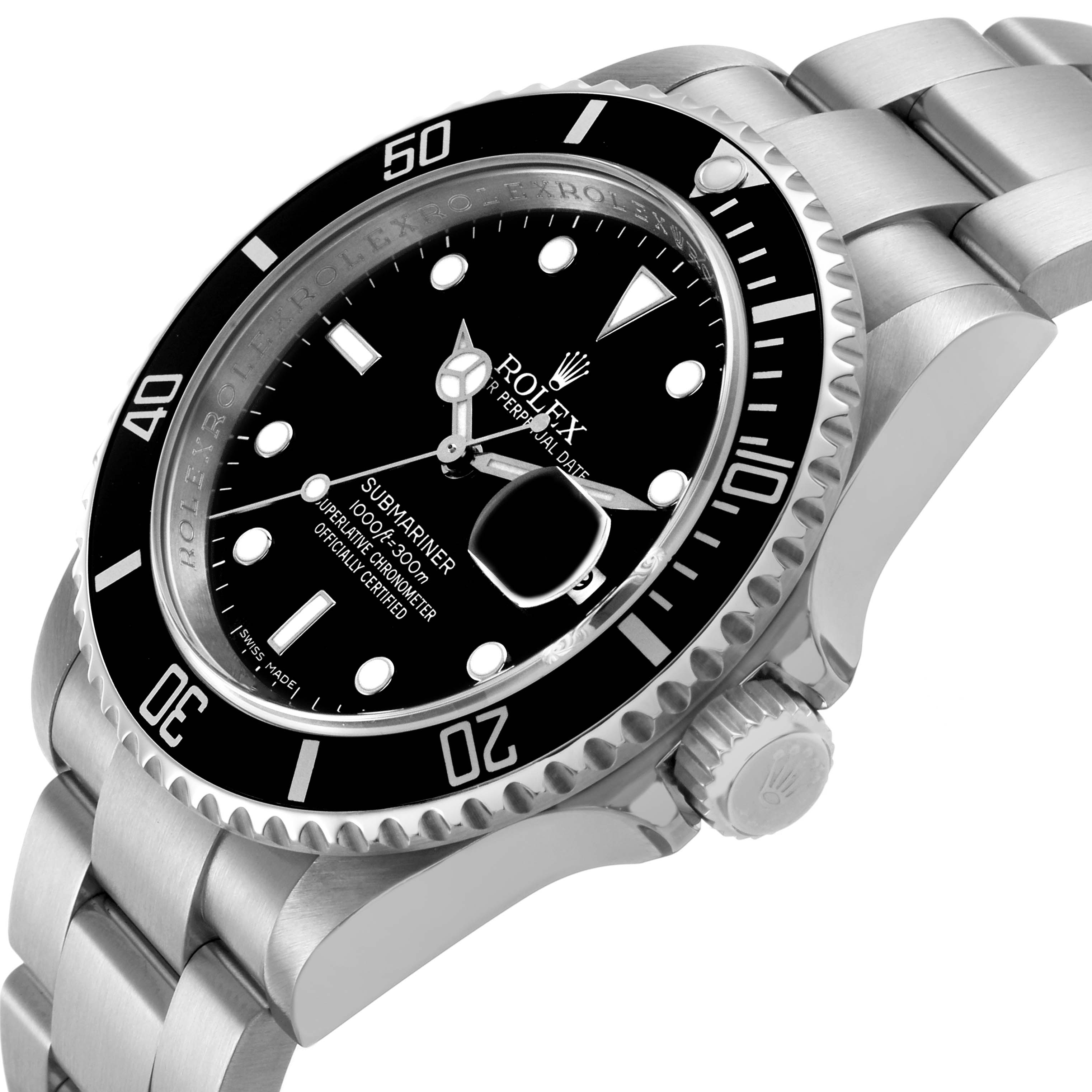 The Rolex Submariner 16610 Men's Stainless Steel Black Dial watch is shown at an angled view, highlighting its bezel, dial, and bracelet.