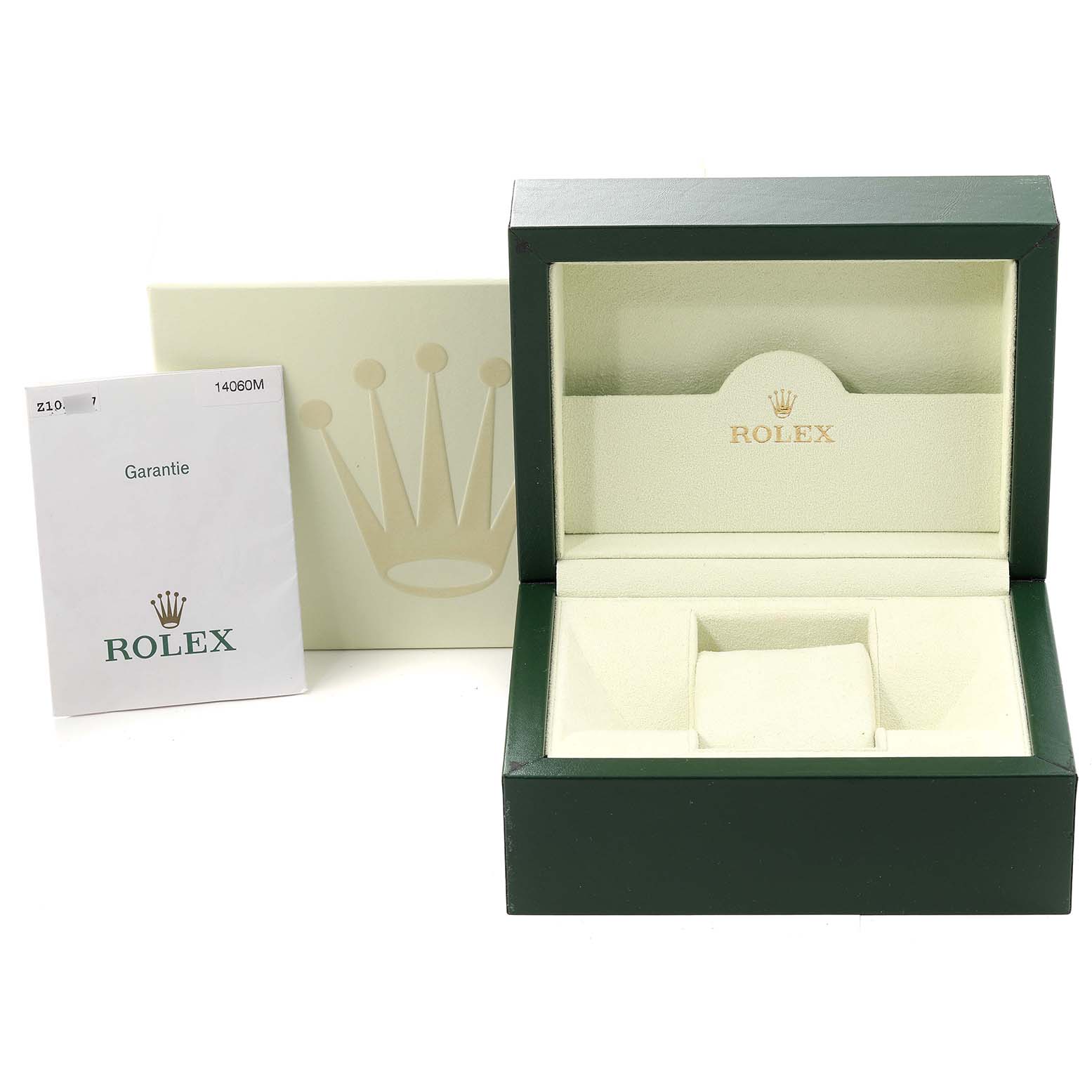 This image shows an empty Rolex Submariner 14060 Men
s Stainless Steel Black Dial 14060 Men
s Stainless Steel Black Dial watch box, guarantee card, and outer packaging from a front angle.