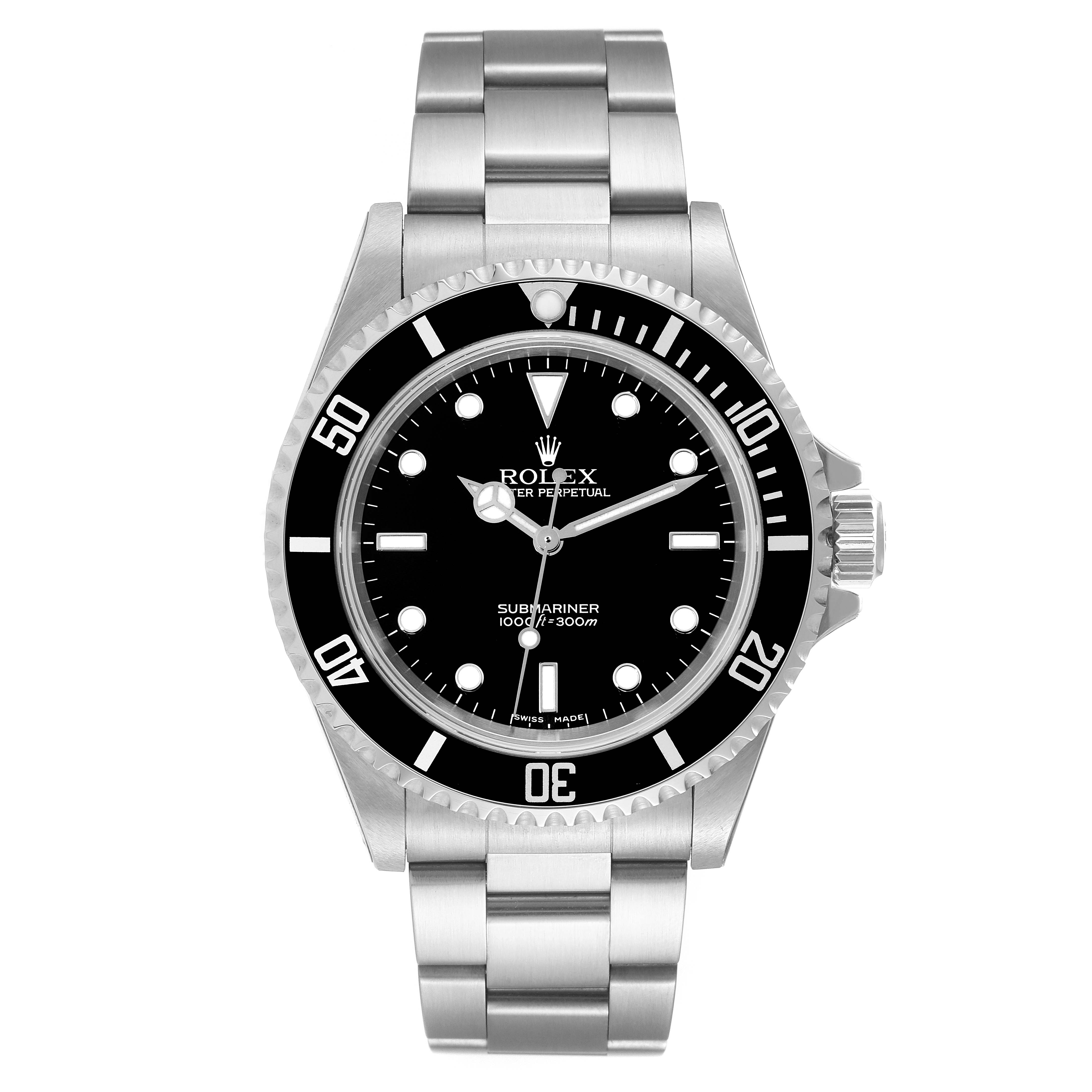 The image shows a front view of the Rolex Submariner 14060 Men
s Stainless Steel Black Dial 14060 Men
s Stainless Steel Black Dial watch, displaying its face, bezel, and bracelet.
