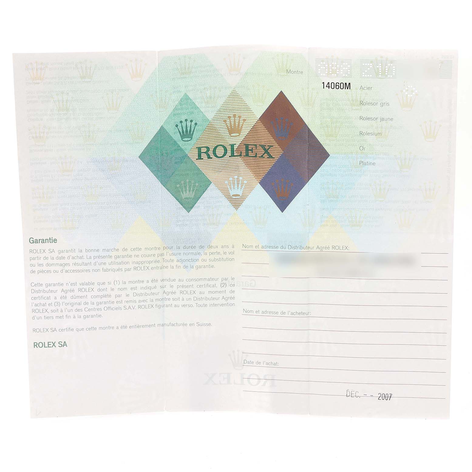 The image shows the guarantee card for a Rolex Submariner 14060 Men
s Stainless Steel Black Dial 14060 Men
s Stainless Steel Black Dial model, detailing warranty and purchase information.