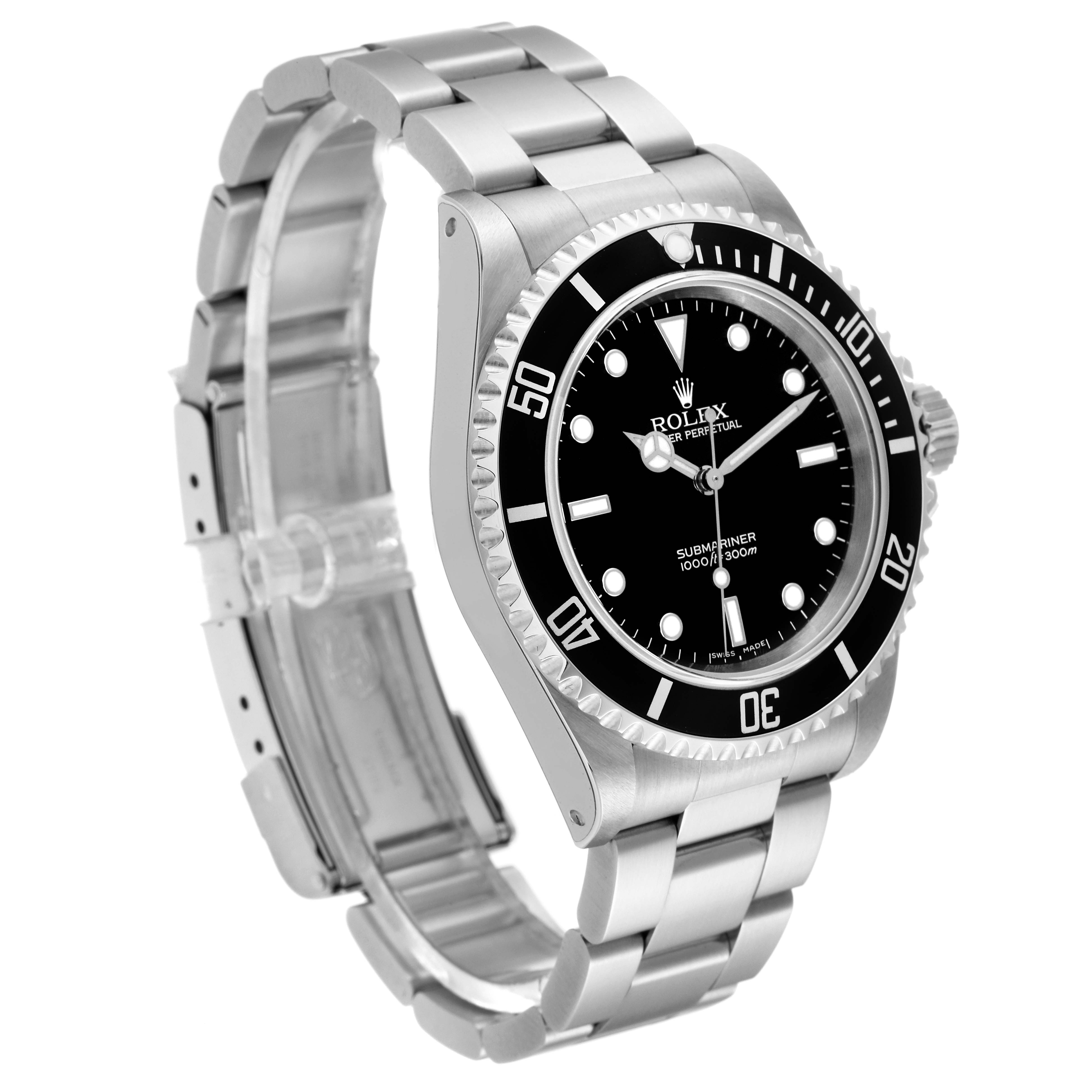 The image shows a Rolex Submariner 14060 Men
s Stainless Steel Black Dial 14060 Men
s Stainless Steel Black Dial watch angled from the front-left, highlighting its bezel, bracelet, and dial.