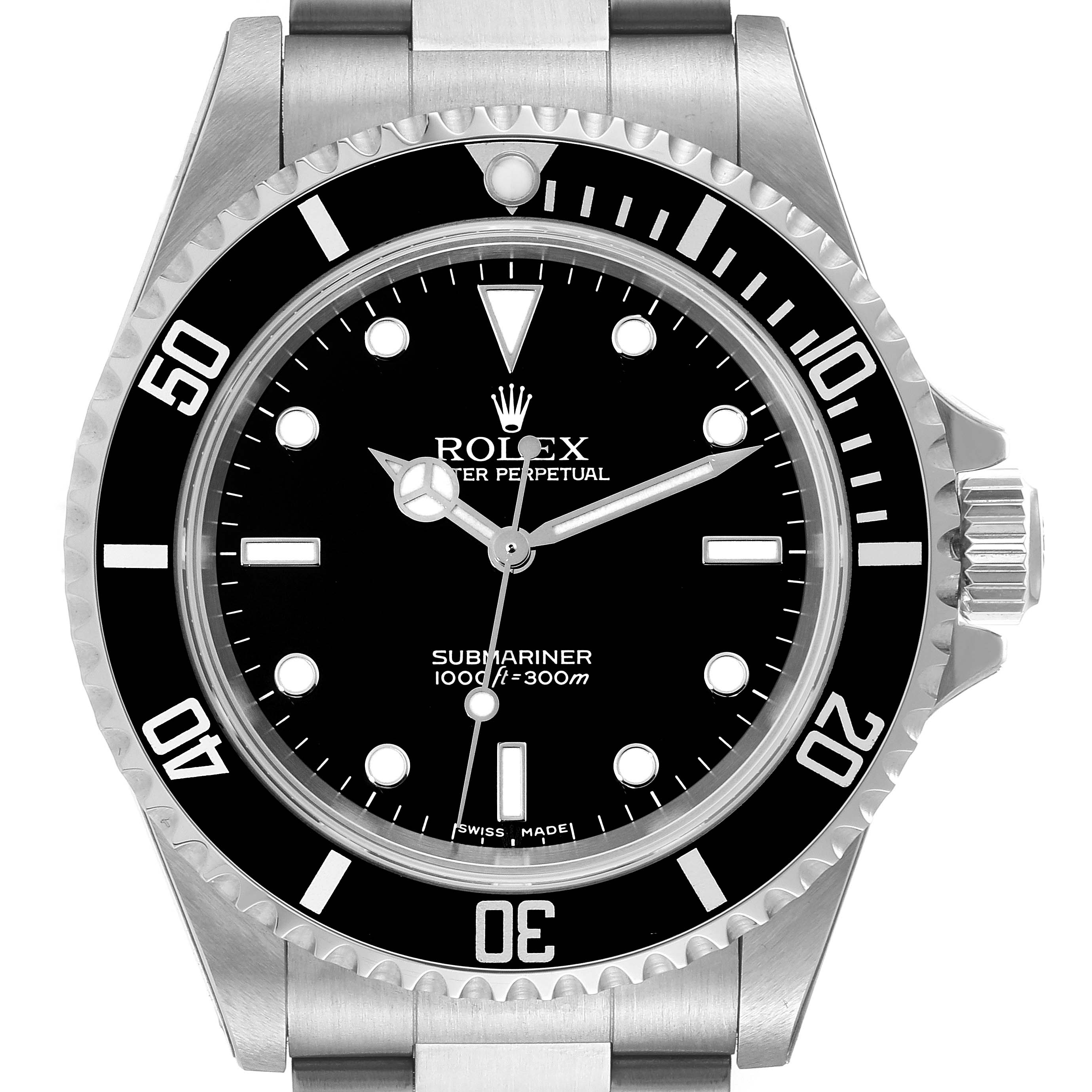 The image shows a front view of a Rolex Submariner 14060 Men
s Stainless Steel Black Dial 14060 Men
s Stainless Steel Black Dial watch, highlighting the black dial and bezel, markers, and crown.