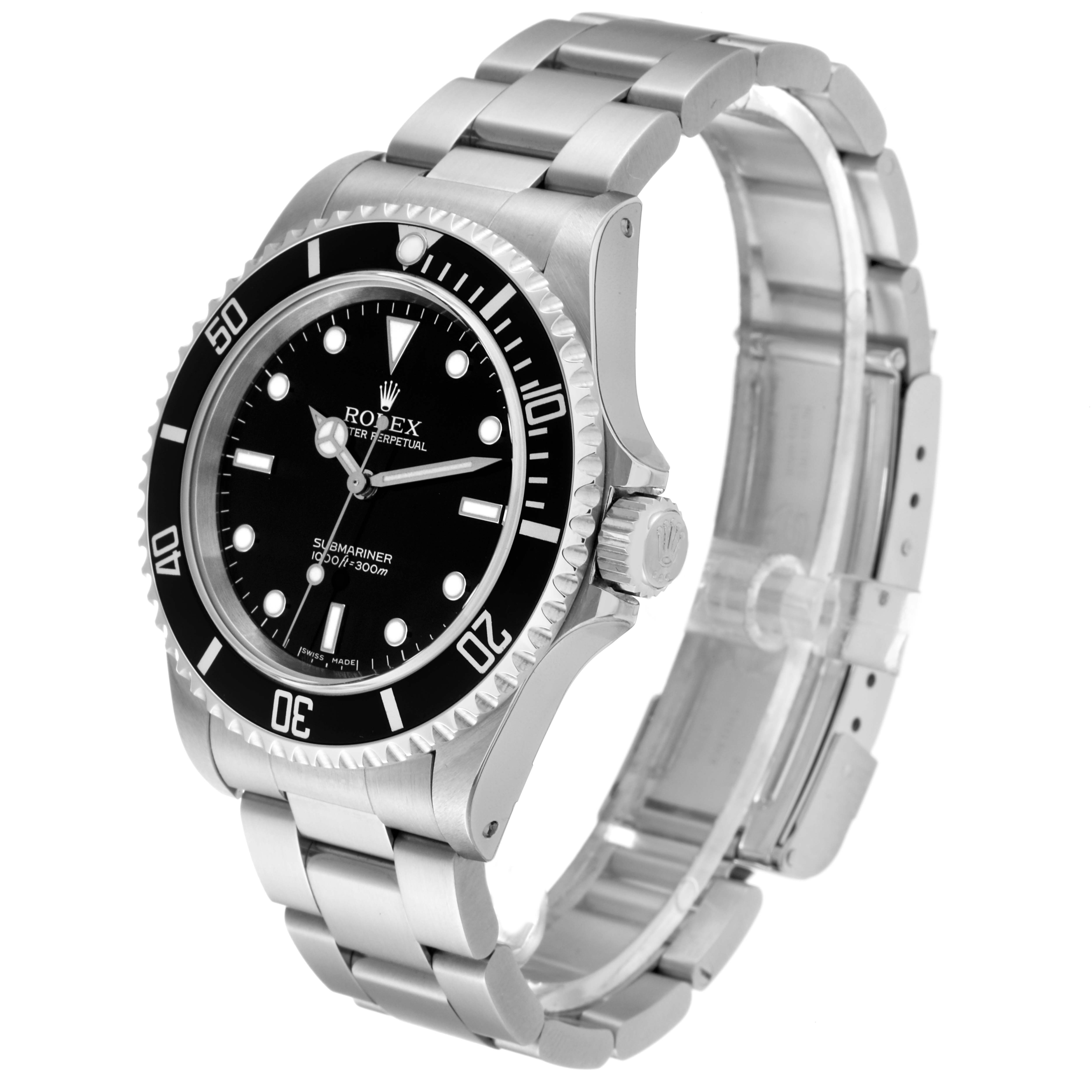 The Rolex Submariner 14060 Men
s Stainless Steel Black Dial 14060 Men
s Stainless Steel Black Dial watch is shown at an oblique angle, highlighting its face, bezel, bracelet, and crown.
